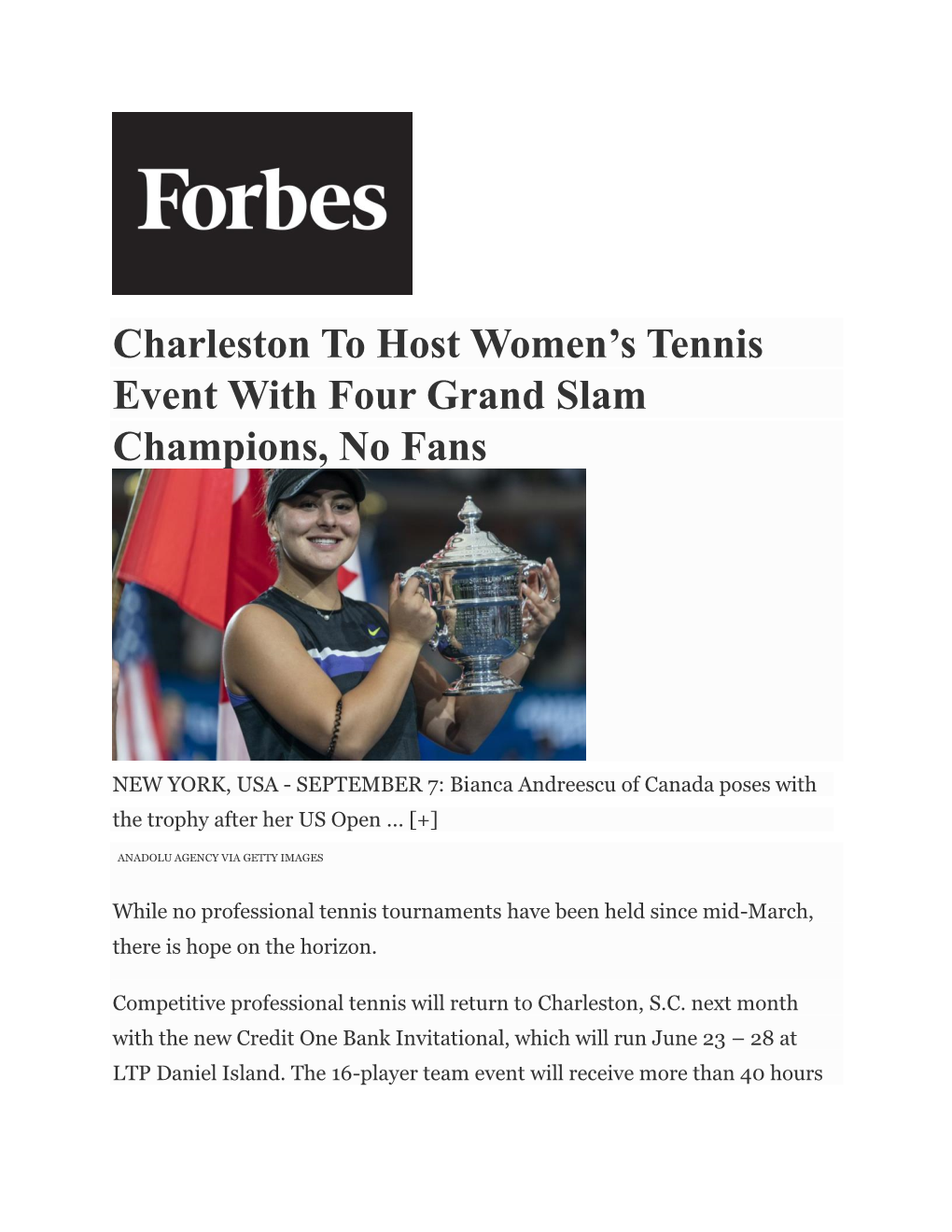 Charleston to Host Women's Tennis Event with Four Grand Slam