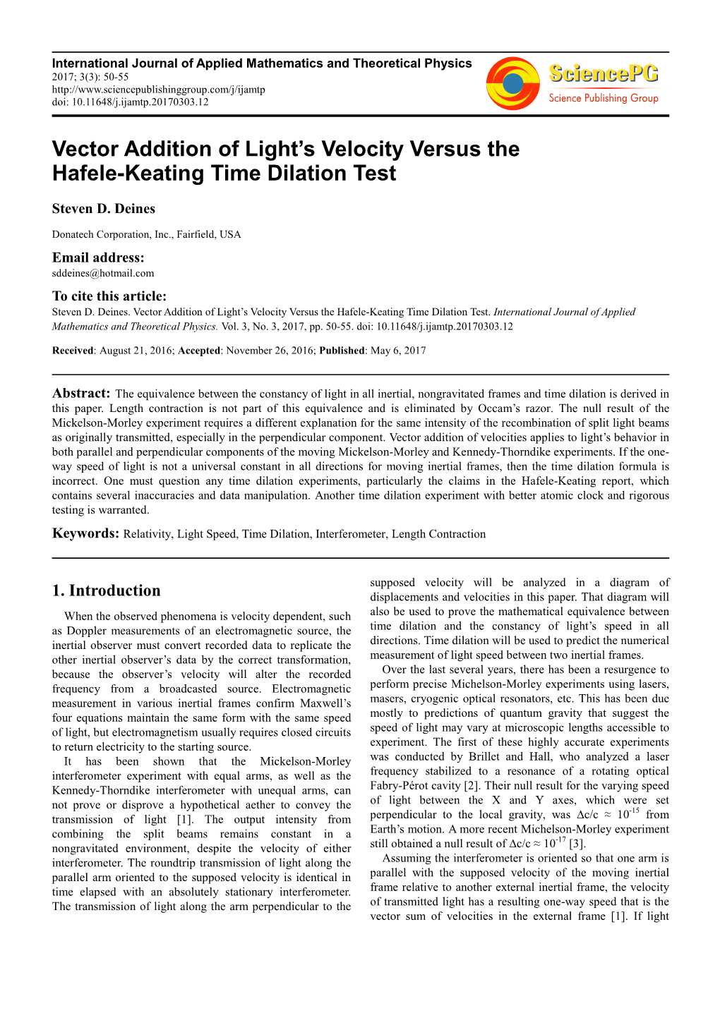 Vector Addition of Light's Velocity Versus the Hafele-Keating Time