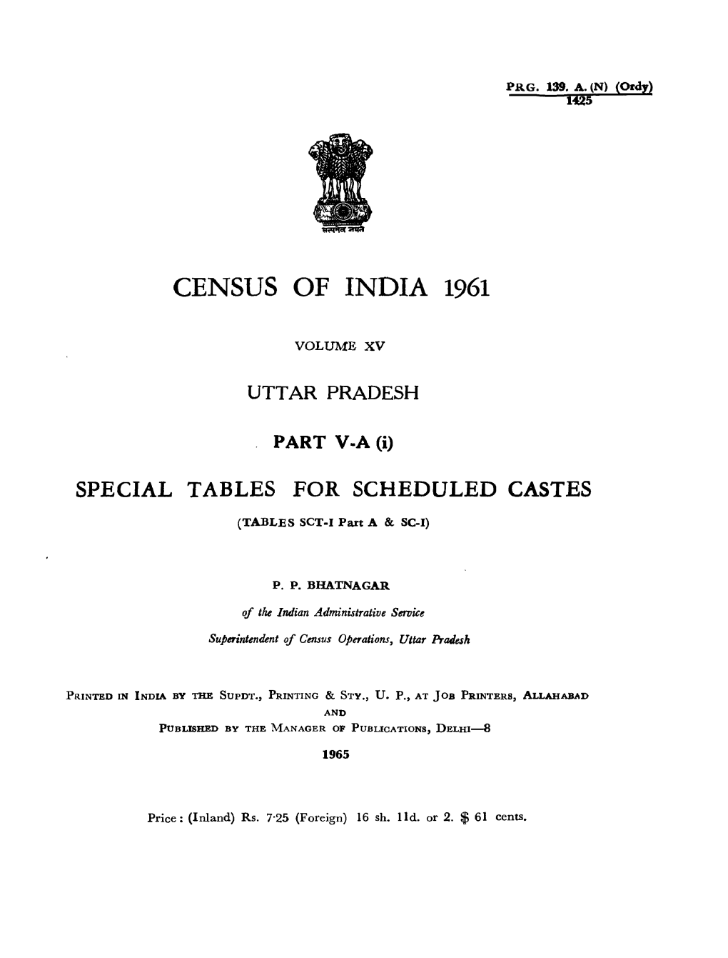 Special Tables for Scheduled Castes, Part V-A (I), Vol-XV, Uttar Pradesh