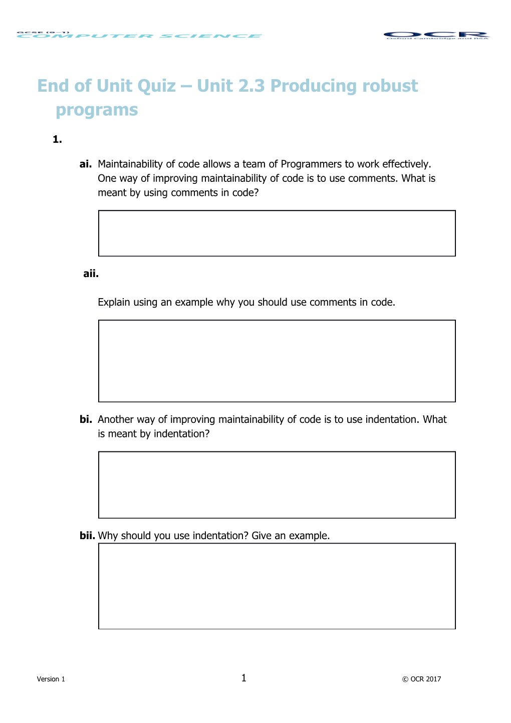 OCR GCSE (9-1) Computer Science End of Unit Quiz 2.3