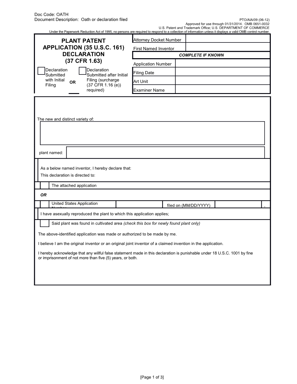 Declaration for Plant Patent Application (AIA-09)