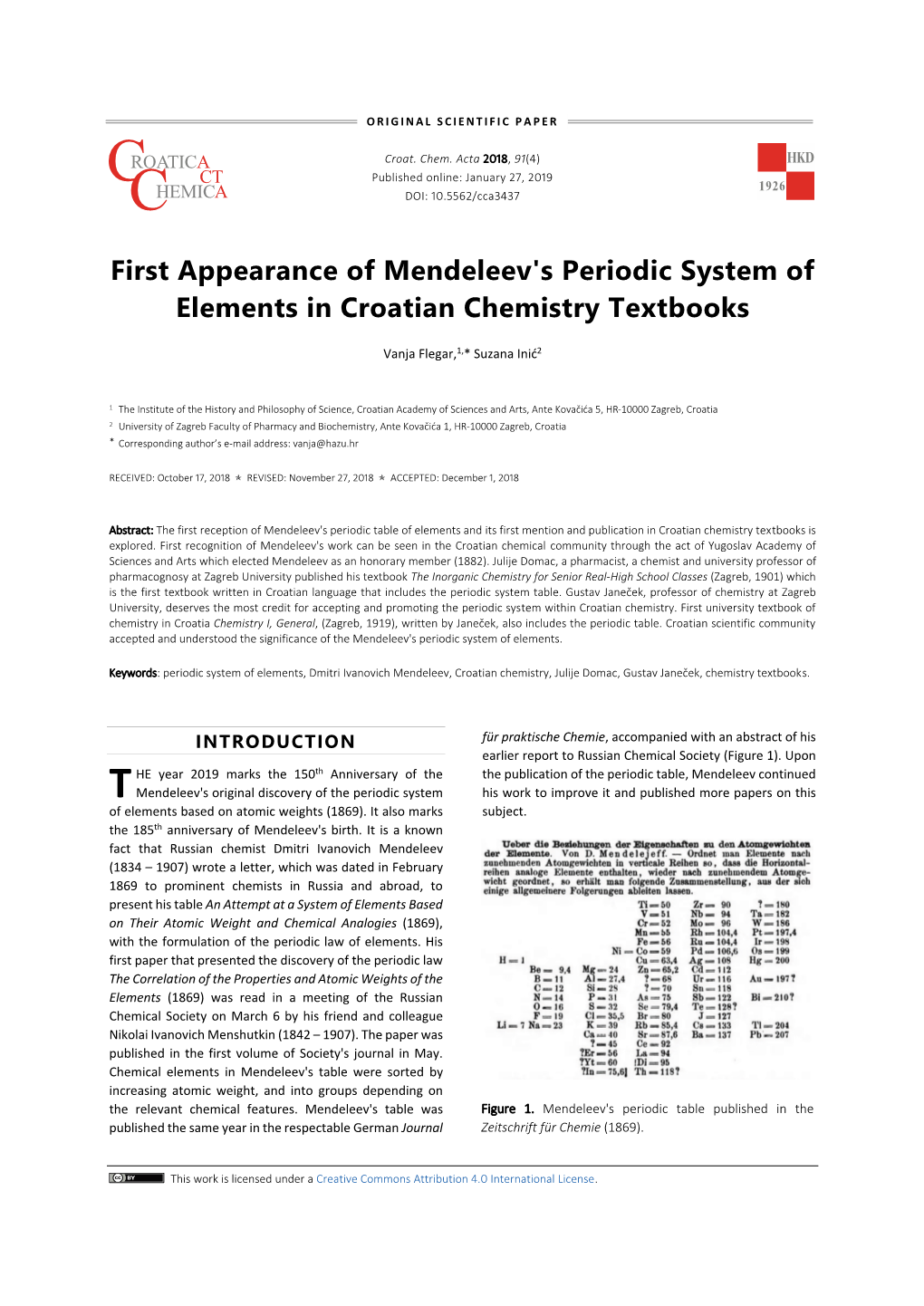 First Appearance of Mendeleev's Periodic System of Elements in Croatian Chemistry Textbooks