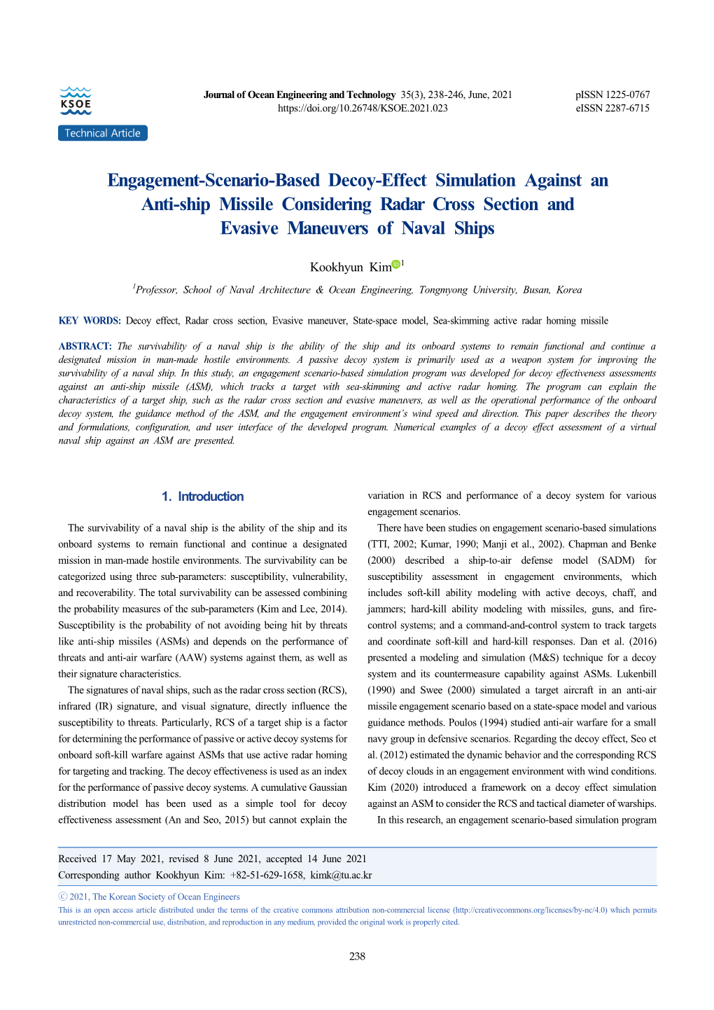 Engagement-Scenario-Based Decoy-Effect Simulation Against an Anti-Ship Missile Considering Radar Cross Section and Evasive Maneuvers of Naval Ships