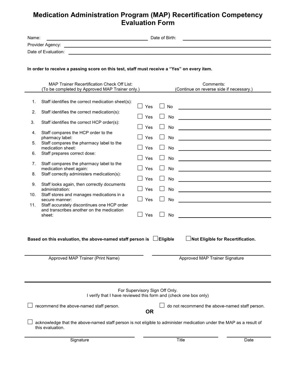 Medication Administration Program (MAP) Recertification Competency Evaluation Form