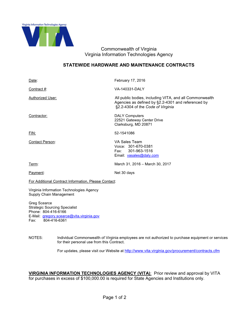Commonwealth of Virginia Virginia Information Technologies Agency