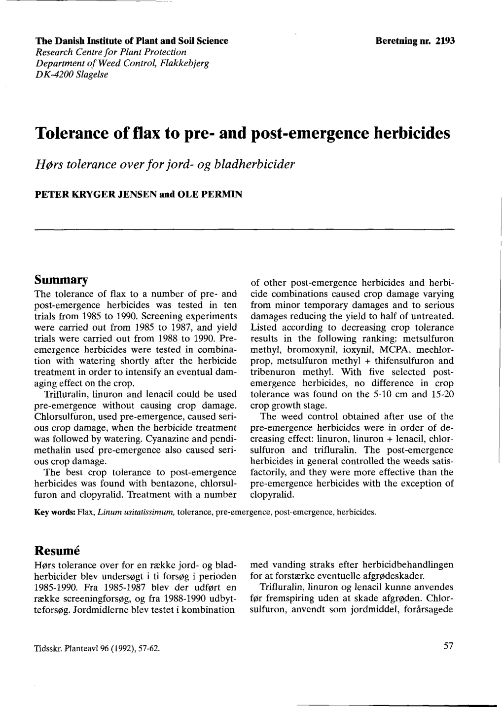 Tolerance of Flax to Pre- and Post-Emergence Herbicides