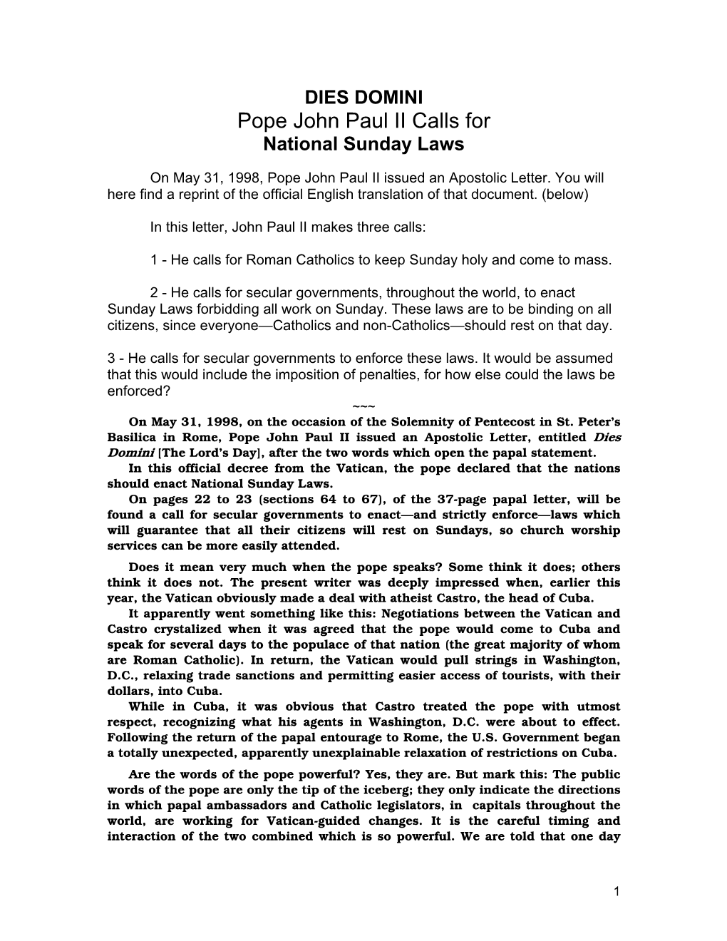 DIES DOMINI Pope John Paul II Calls for National Sunday Laws