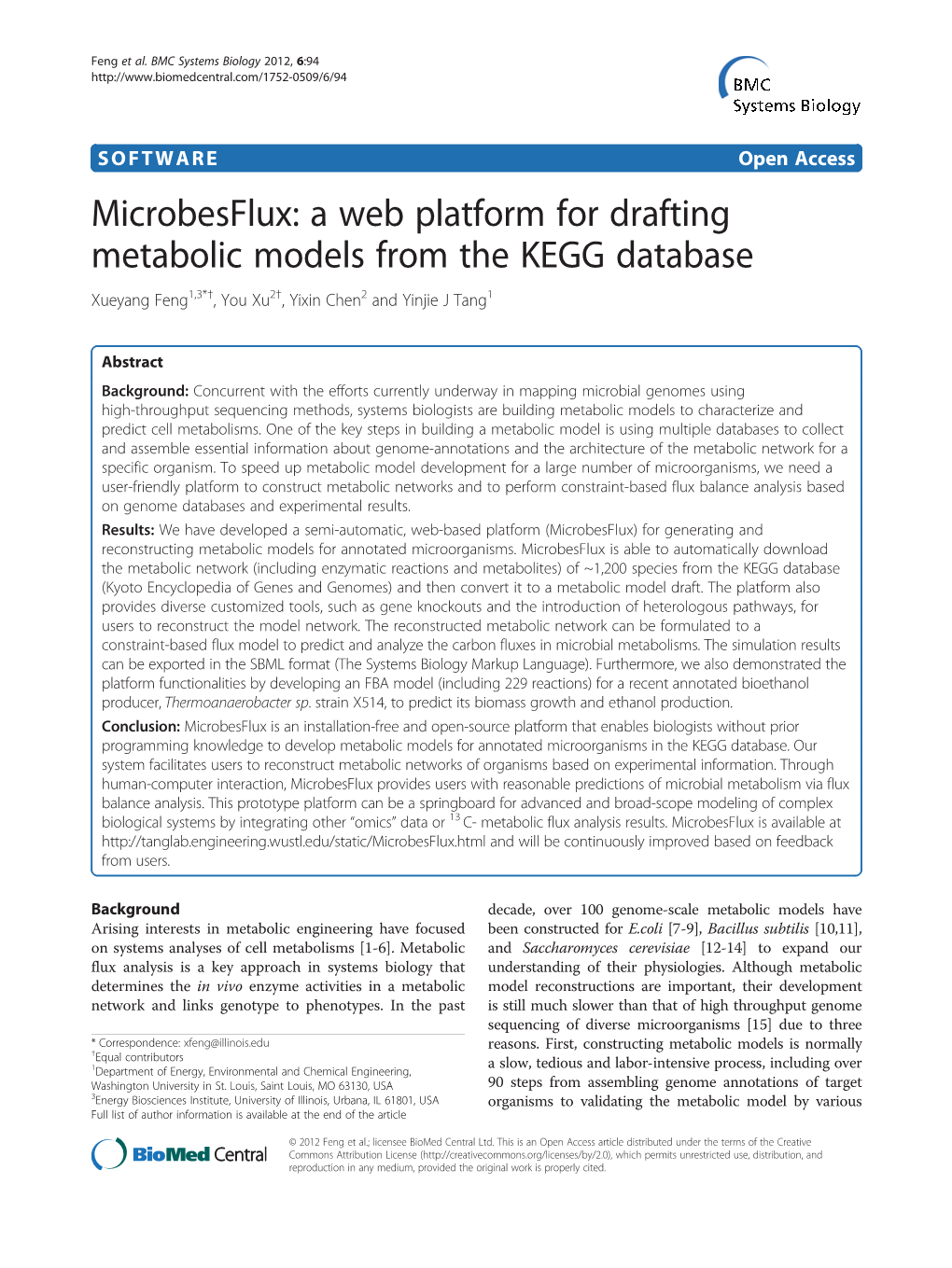 A Web Platform for Drafting Metabolic Models from the KEGG Database Xueyang Feng1,3*†, You Xu2†, Yixin Chen2 and Yinjie J Tang1