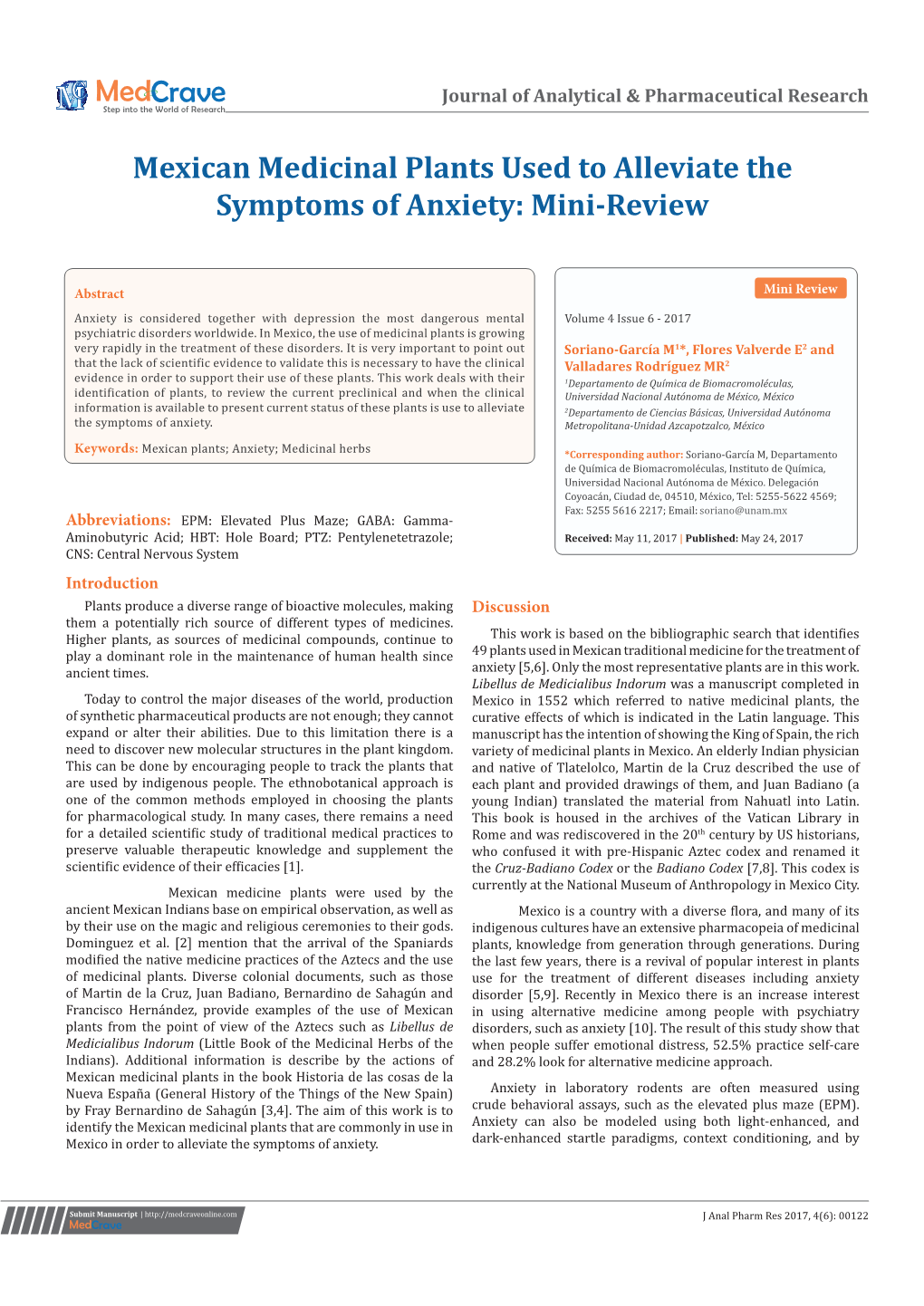 Mexican Medicinal Plants Used to Alleviate the Symptoms of Anxiety: Mini-Review