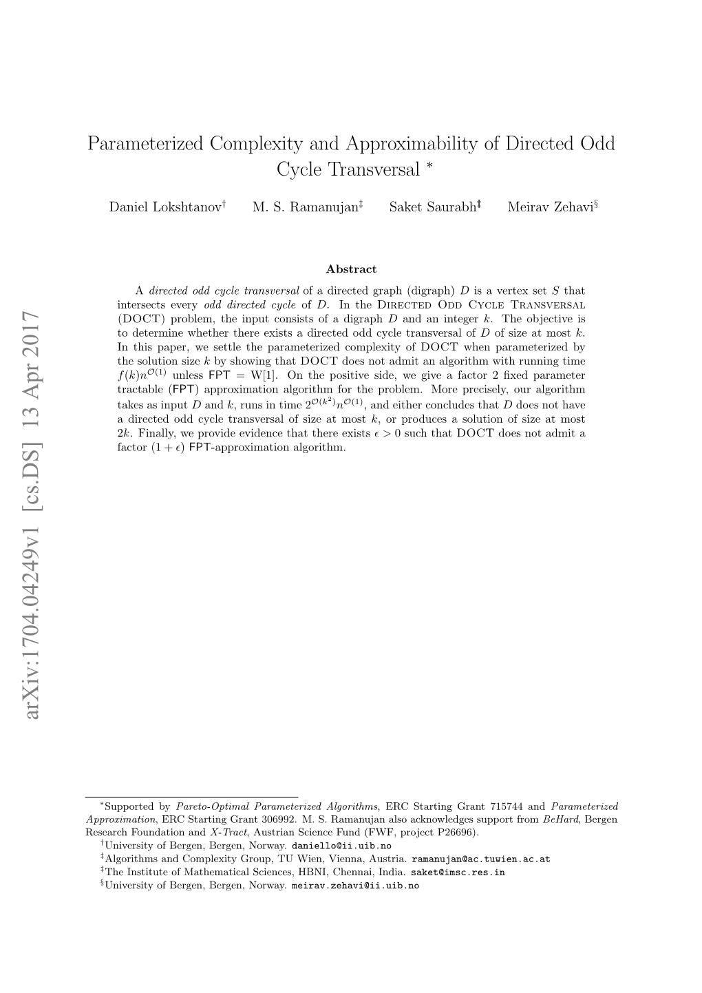 Parameterized Complexity and Approximability of Directed Odd Cycle Transversal ∗