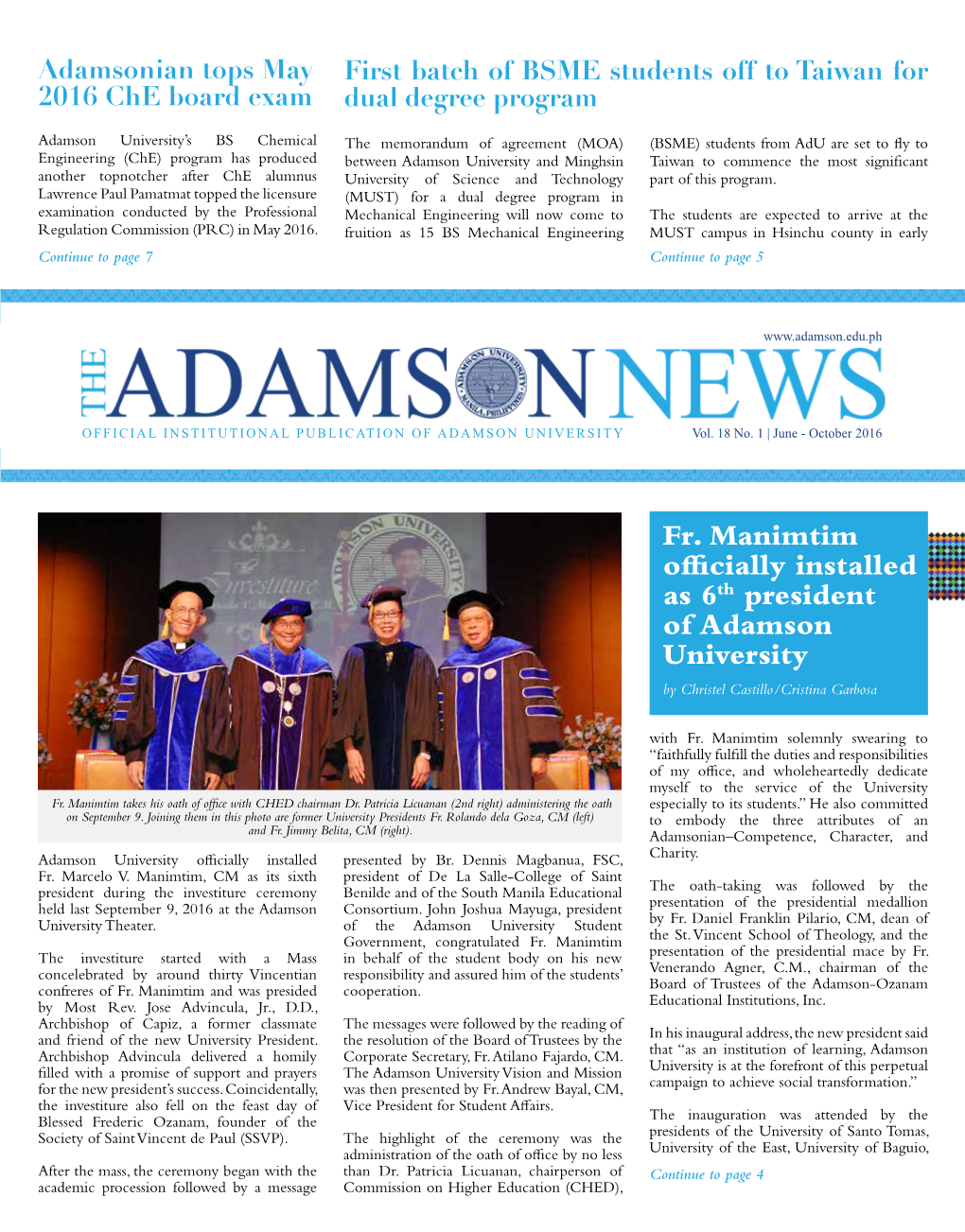 Fr. Manimtim Officially Installed As 6Th President of Adamson University by Christel Castillo/Cristina Garbosa