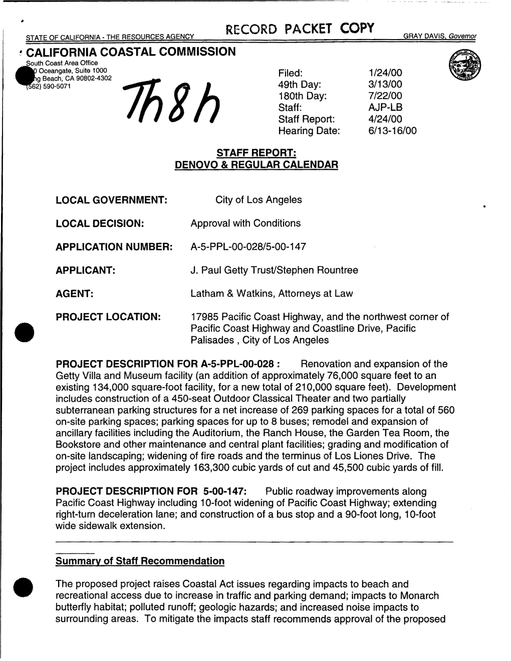 Record Packet Copy State of California· the Resources Agency Gray Davis