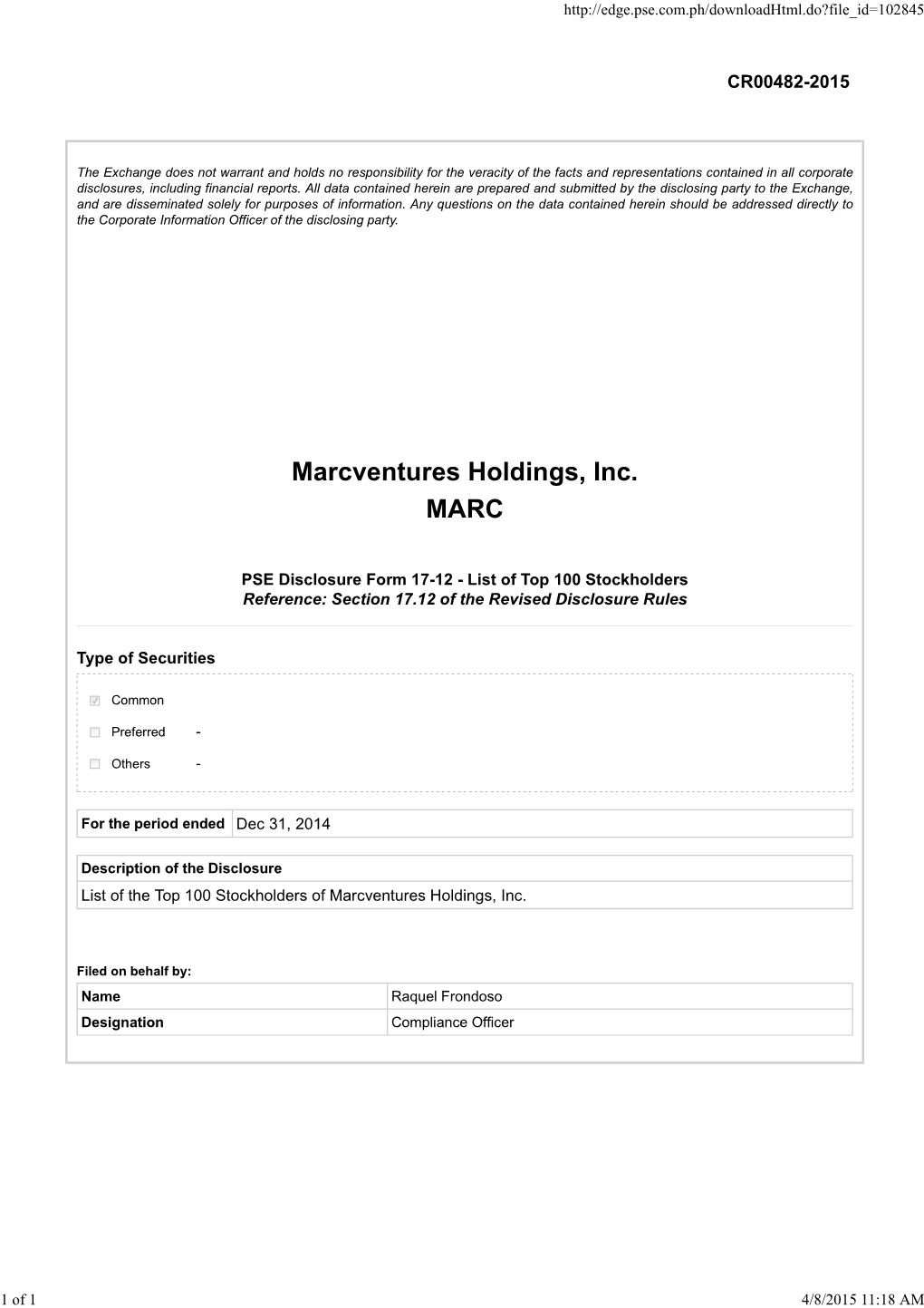 Marcventures Holdings, Inc. MARC