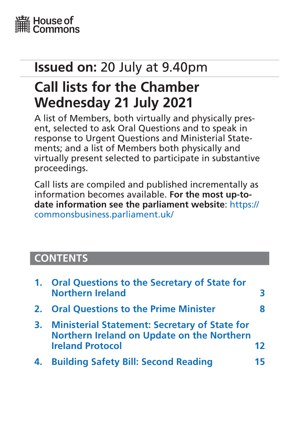 Call Lists for the Chamber Wednesday 21 July 2021