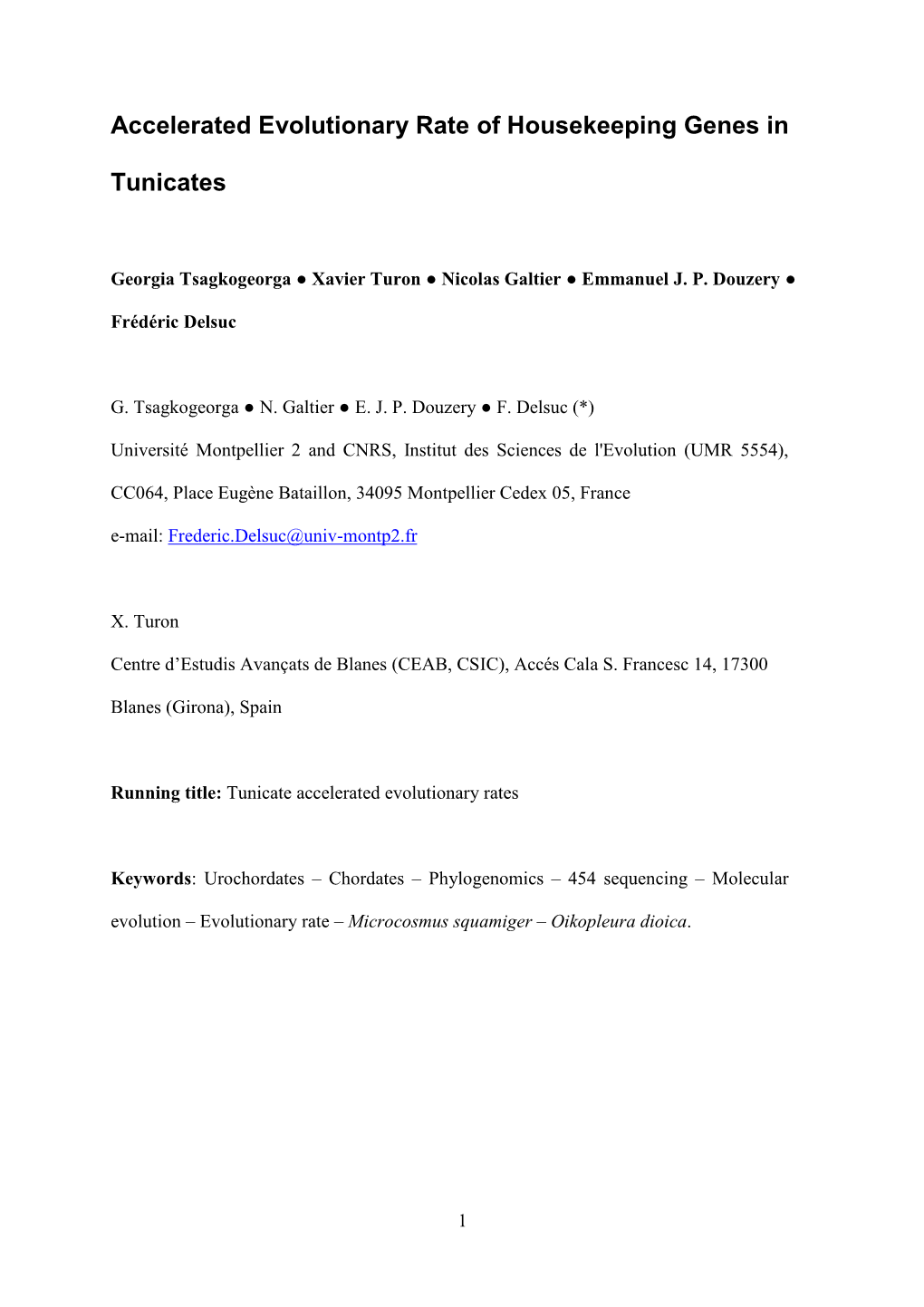 Accelerated Evolutionary Rate of Housekeeping Genes in Tunicates