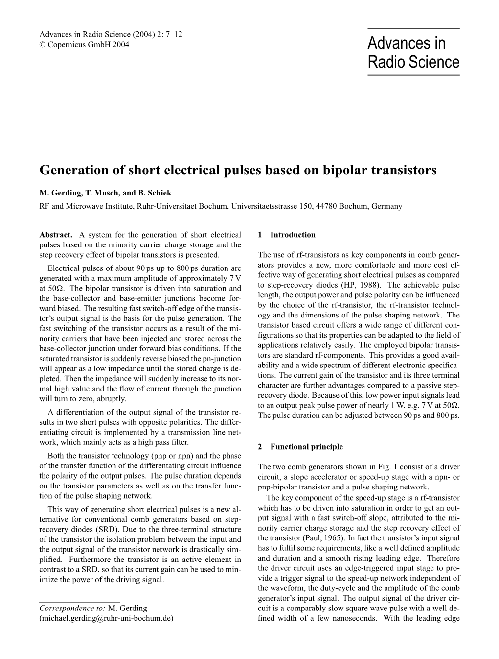 Generation of Short Electrical Pulses Based on Bipolar Transistors