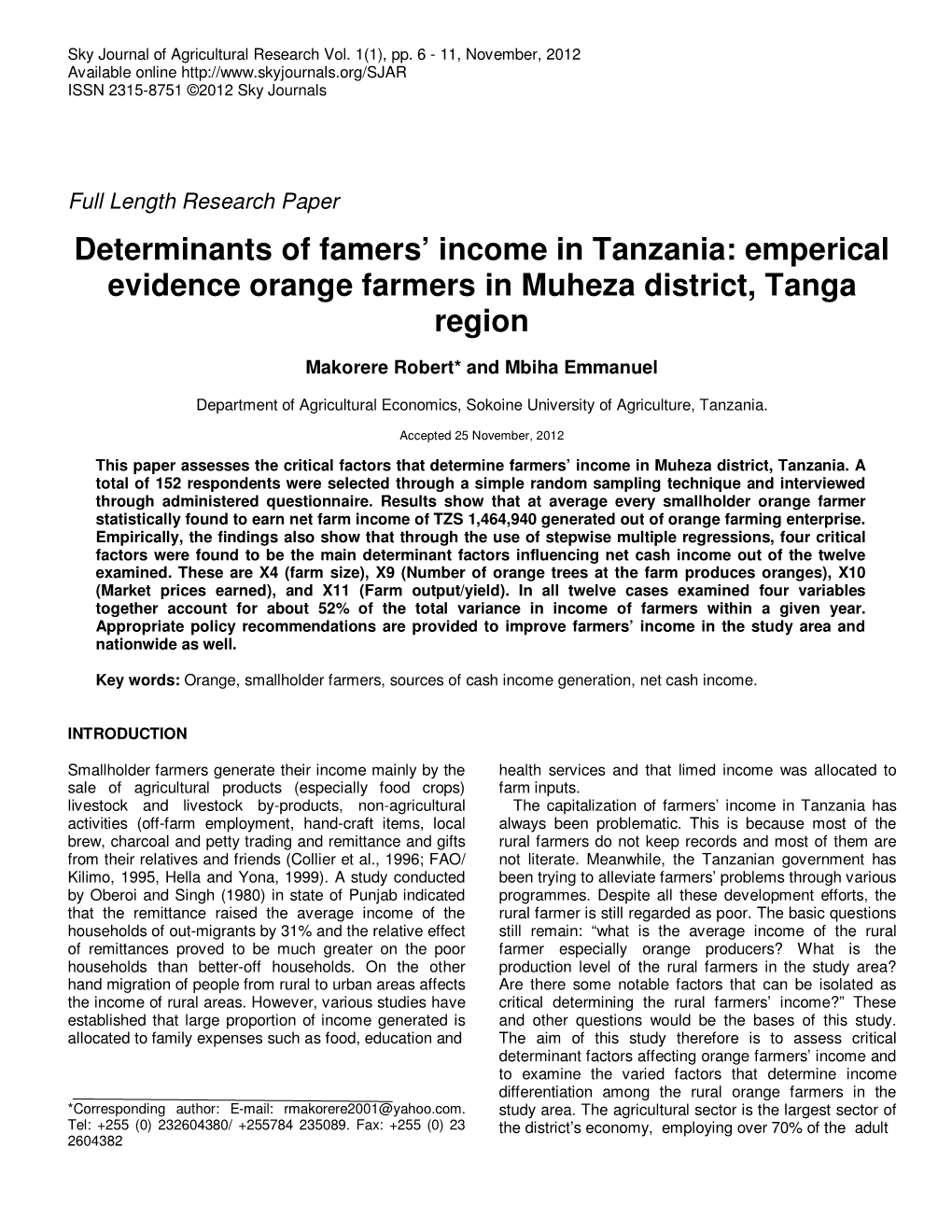 Emperical Evidence Orange Farmers in Muheza District, Tanga Region