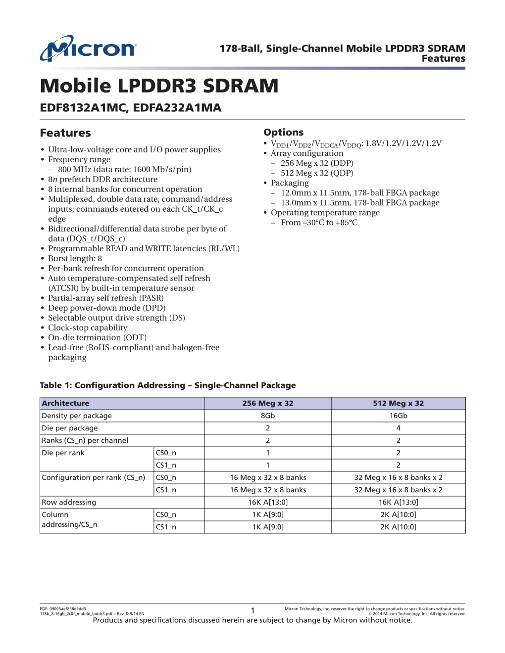 178-Ball, Single-Channel Mobile LPDDR3 SDRAM Features Mobile LPDDR3 SDRAM EDF8132A1MC, EDFA232A1MA