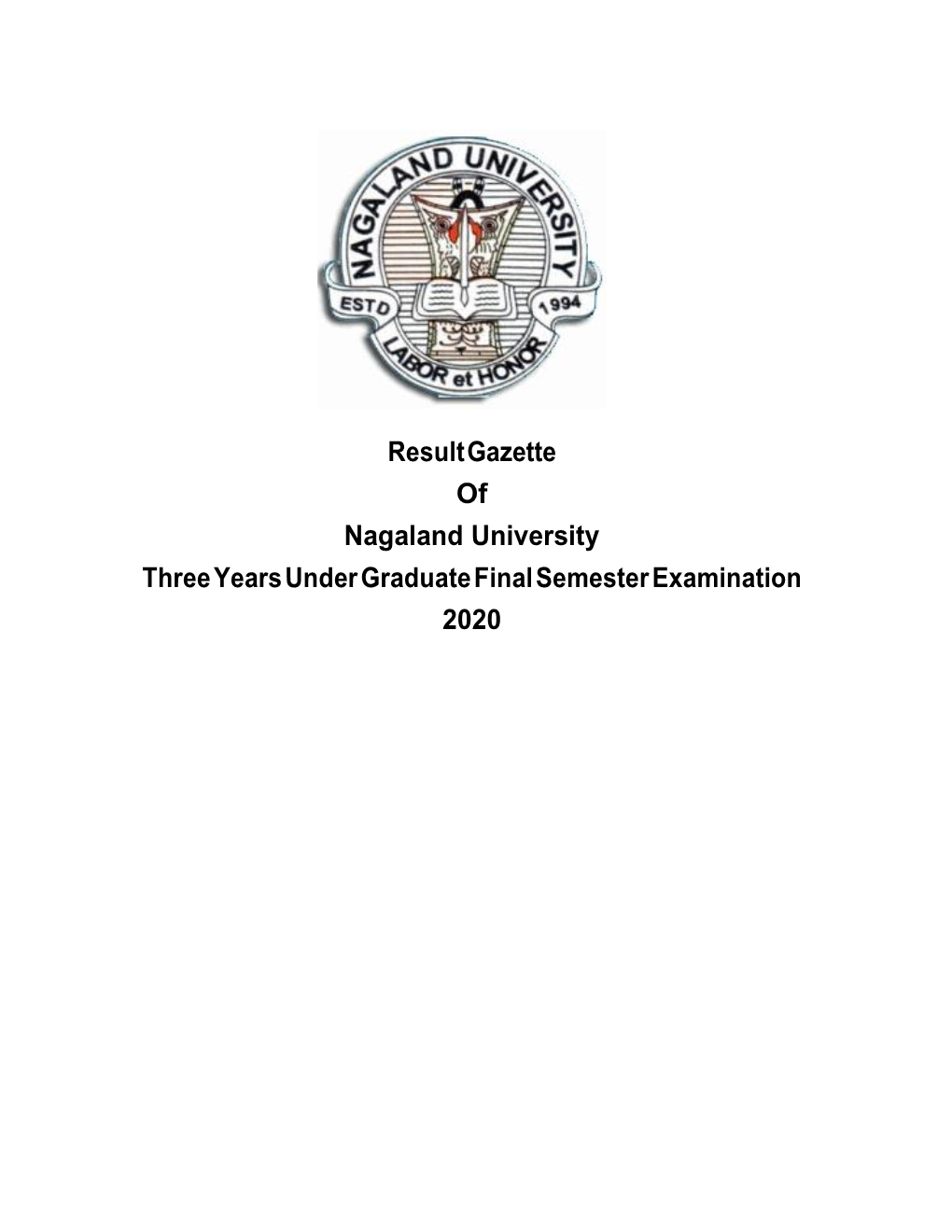 Result Gazette of Nagaland University Three Years Under Graduate Final Semester Examination 2020