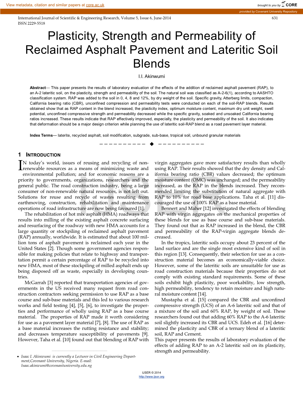 Plasticity, Strength and Permeability of Reclaimed Asphalt Pavement and Lateritic Soil Blends I.I