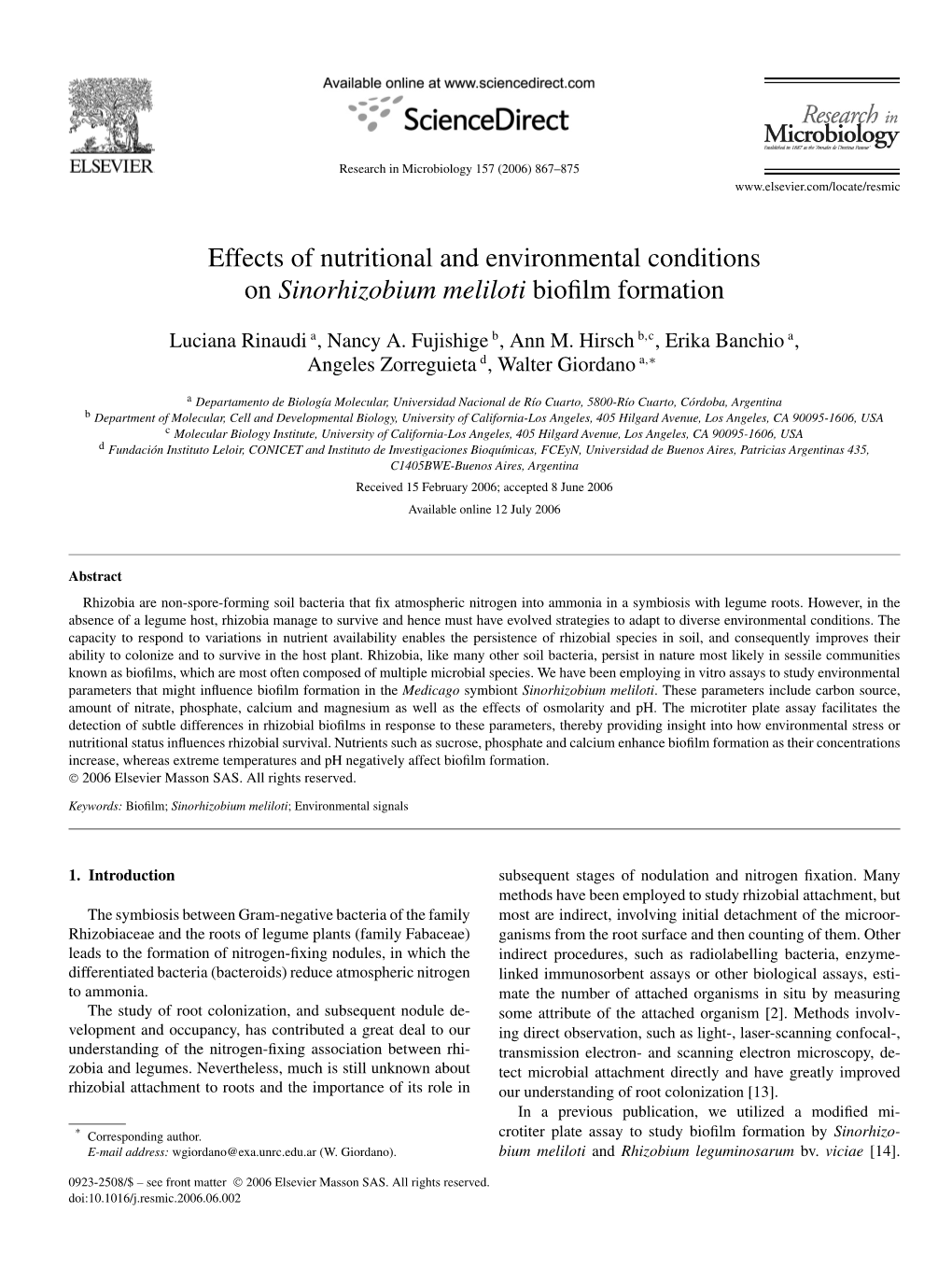 Effects of Nutritional and Environmental Conditions on Sinorhizobium Meliloti Bioﬁlm Formation