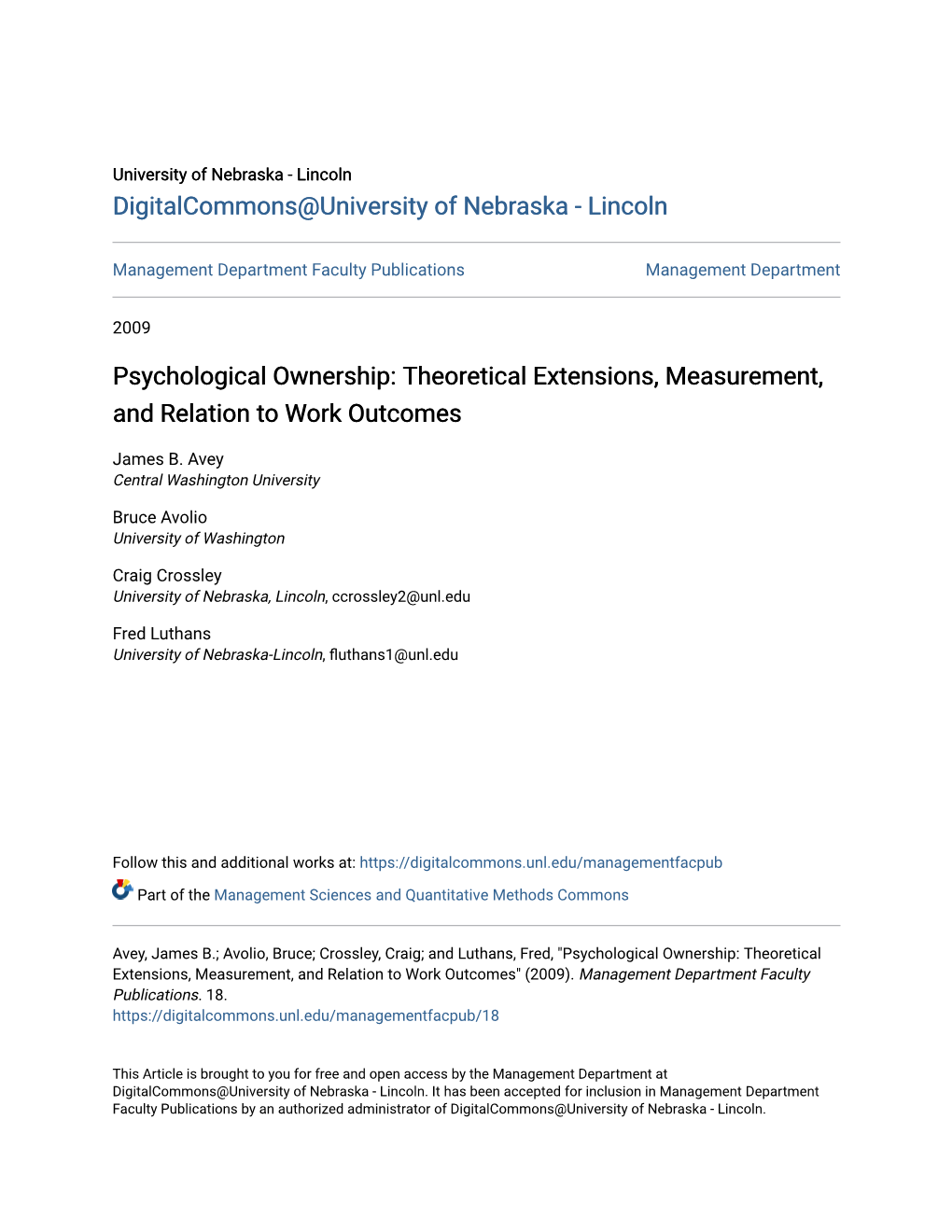 Psychological Ownership: Theoretical Extensions, Measurement, and Relation to Work Outcomes