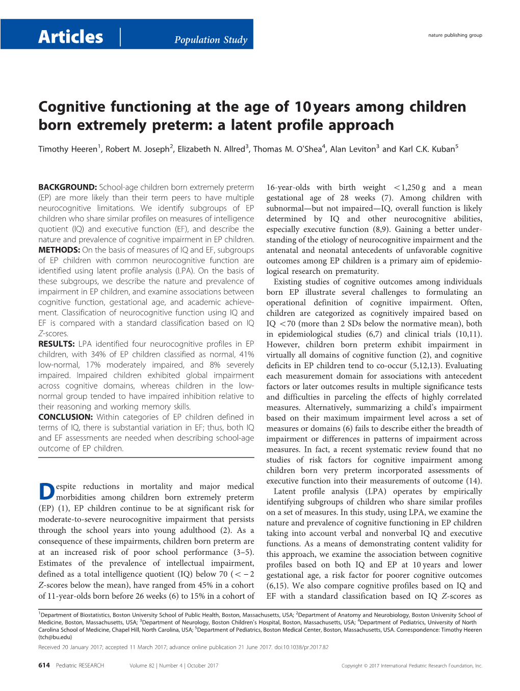 Cognitive Functioning at the Age of 10舁years Among Children
