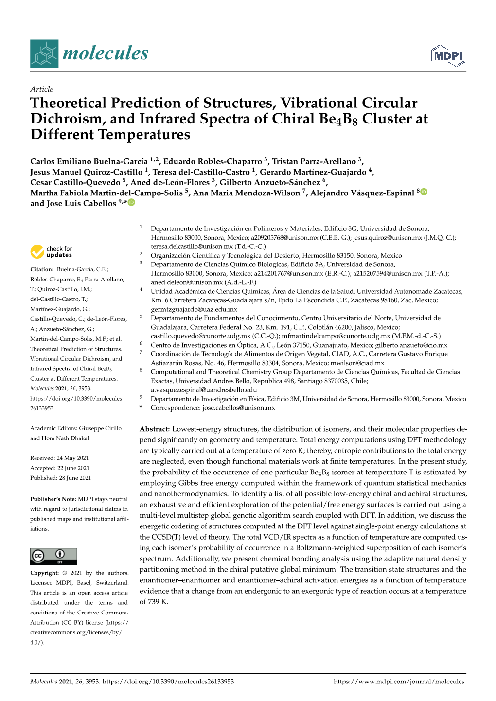 Theoretical Prediction of Structures, Vibrational Circular Dichroism, and Infrared Spectra of Chiral Be4b8 Cluster at Different Temperatures