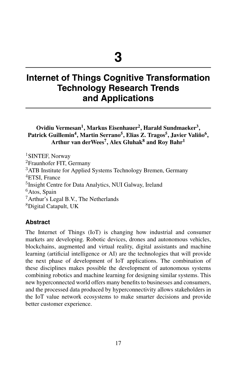 Internet of Things Cognitive Transformation Technology Research Trends and Applications