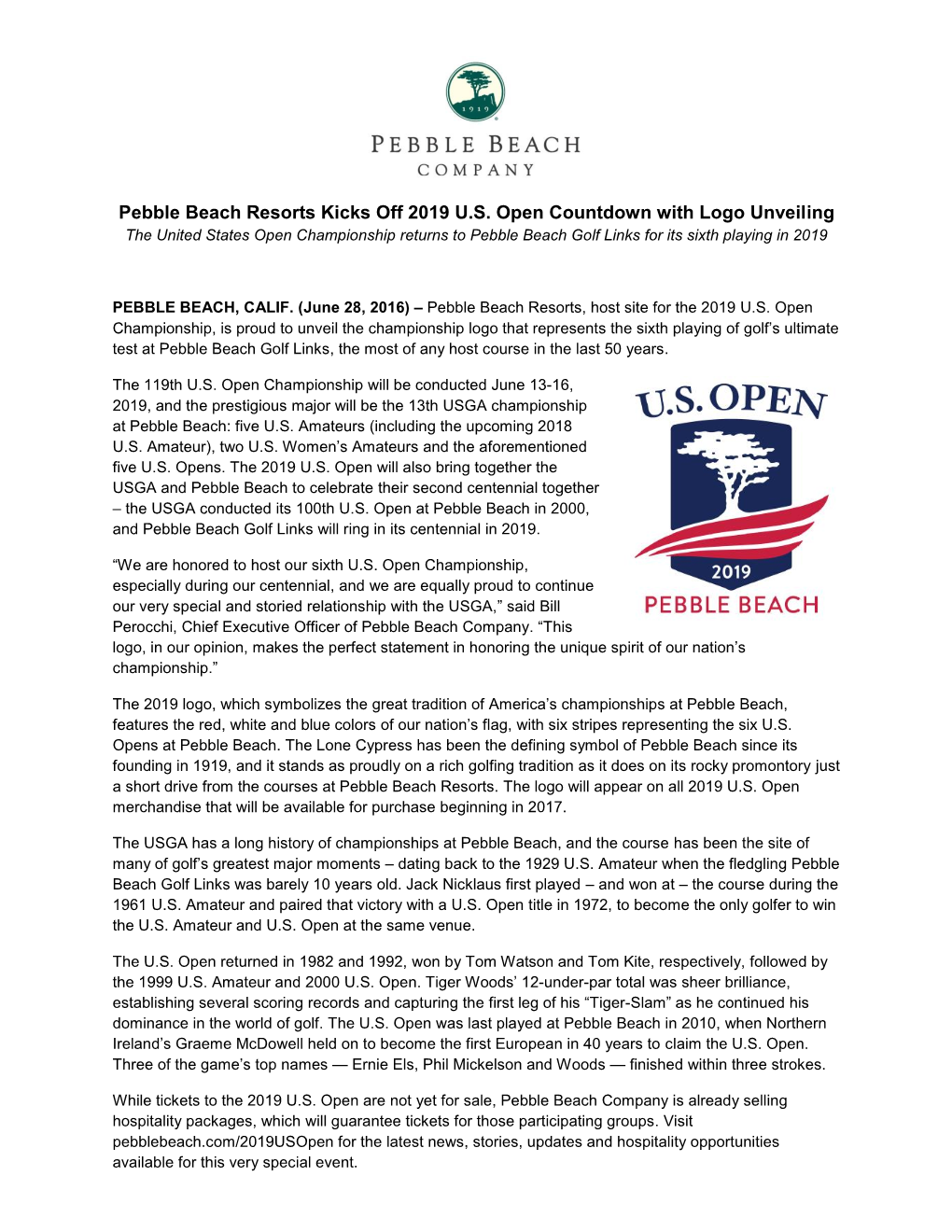 Pebble Beach Resorts Kicks Off 2019 U.S. Open Countdown with Logo