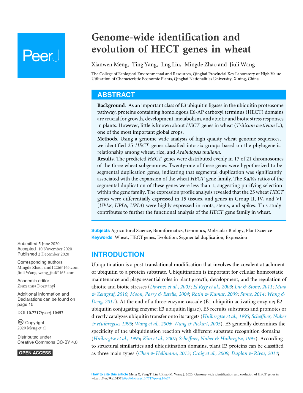 Genome-Wide Identification and Evolution of HECT Genes in Wheat