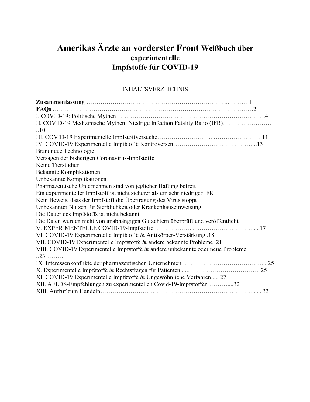 Amerikas Ärzte an Vorderster Front Weißbuch Über Experimentelle Impfstoffe Für COVID-19