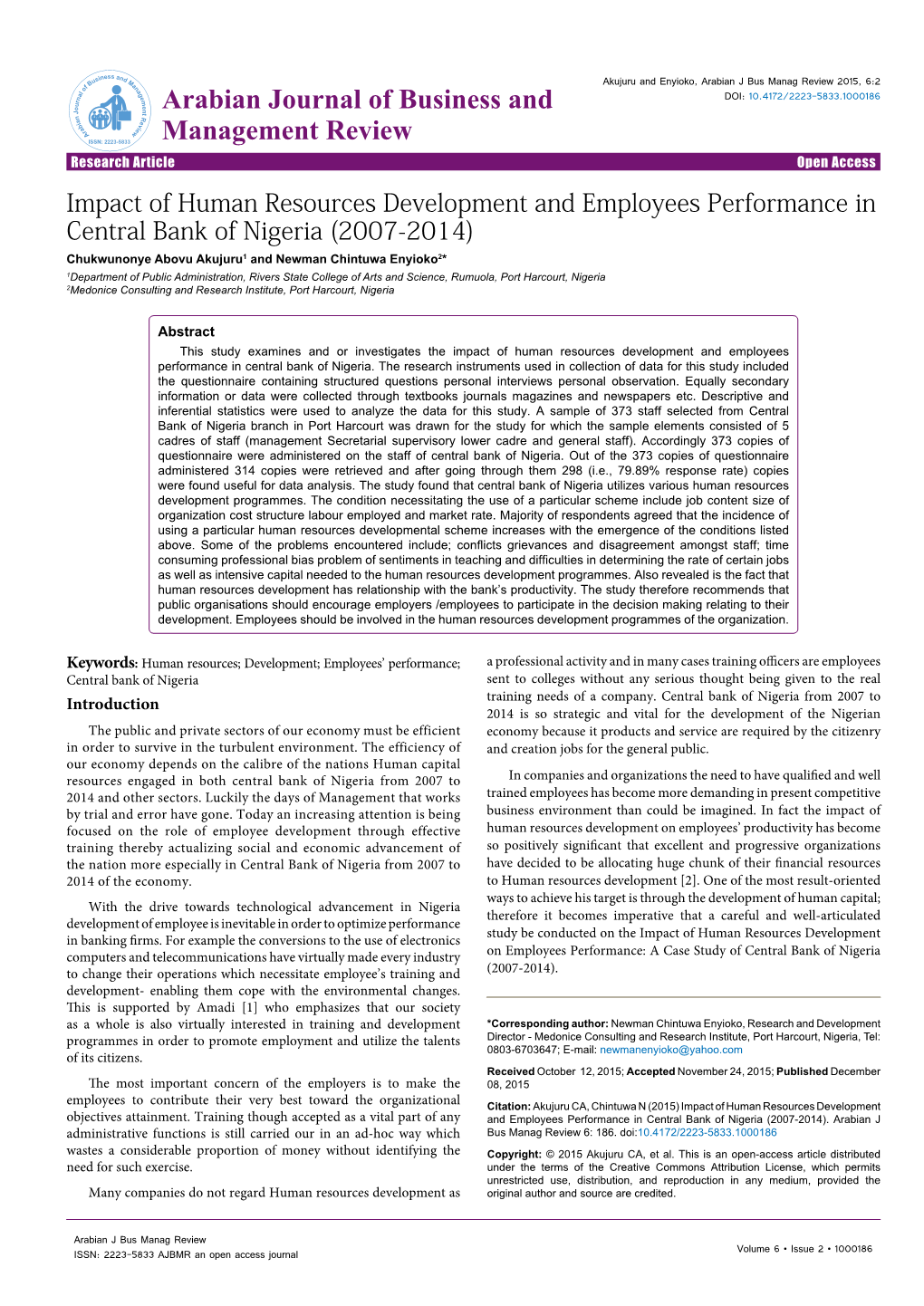 Impact of Human Resources Development and Employees Performance in Central Bank of Nigeria (2007-2014)