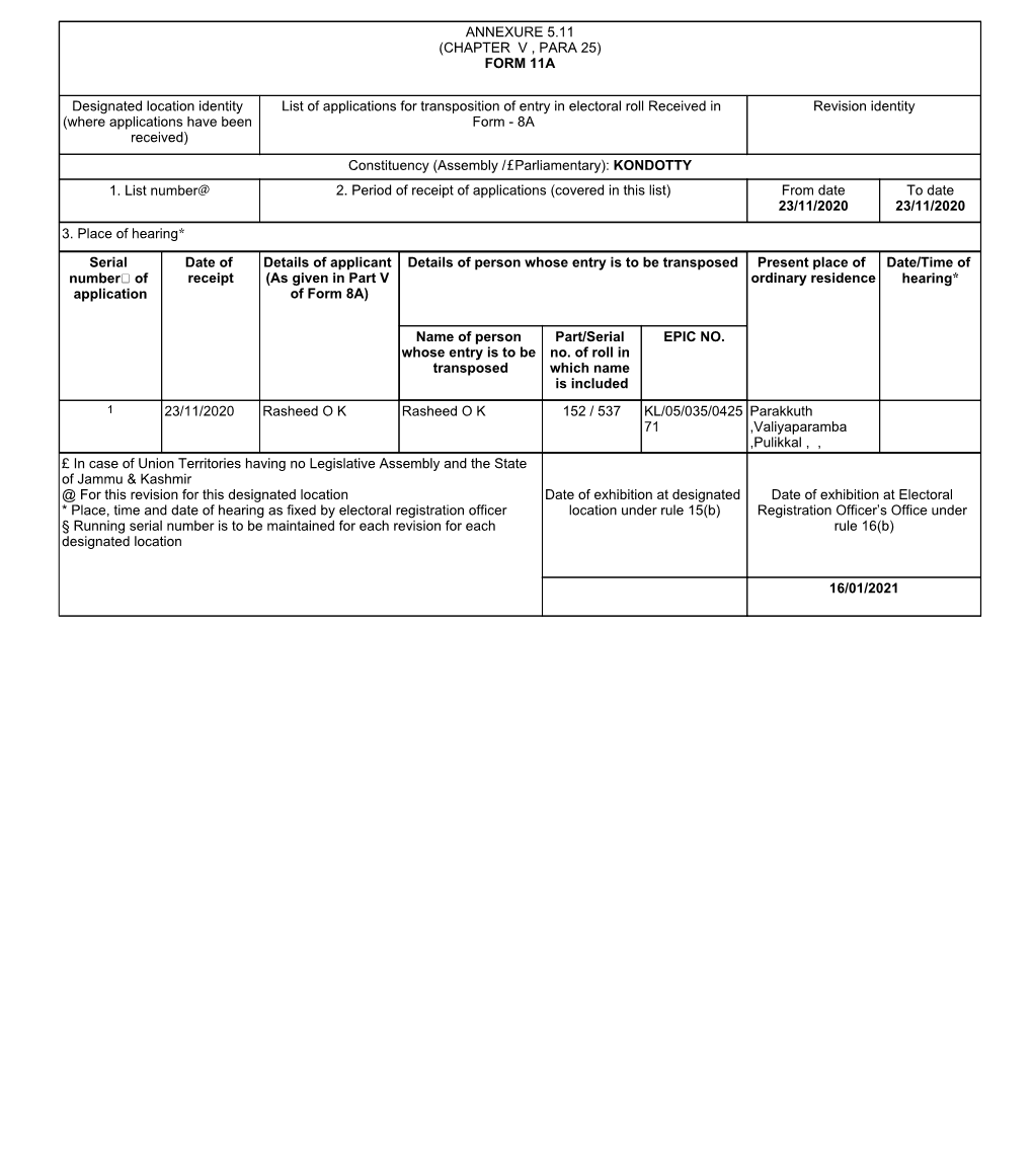 (CHAPTER V , PARA 25) FORM 11A Designated Location Identity