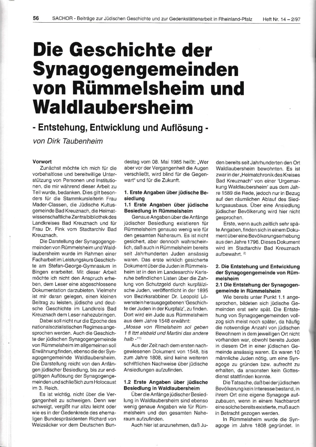 Die Geschichte Der Synagogengemeinden Von Rümmelsheim Und Waldlaubersheim - Entstehung, Entwicklung Und Auflösung - Von Dirk Taubenheim