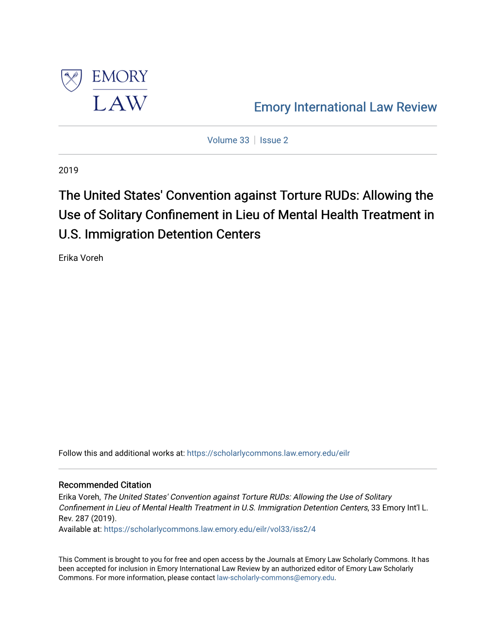 The United States' Convention Against Torture Ruds: Allowing the Use of Solitary Confinement in Lieu of Mental Health Treatm