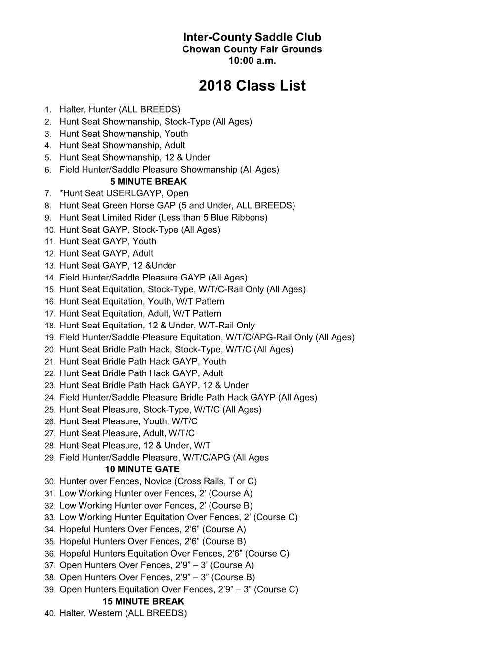 2018 Class List