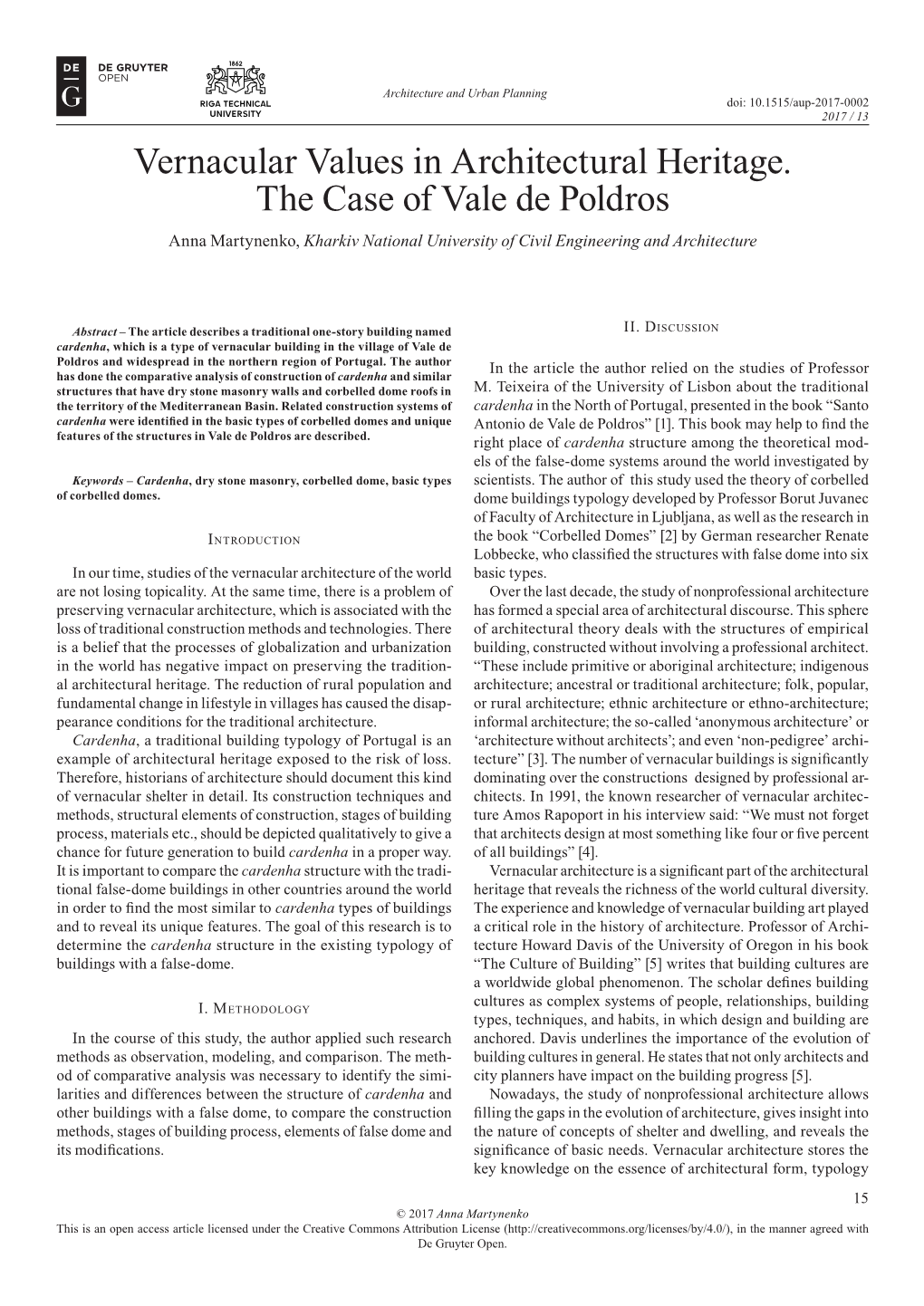 Vernacular Values in Architectural Heritage. the Case of Vale De Poldros Anna Martynenko, Kharkiv National University of Civil Engineering and Architecture