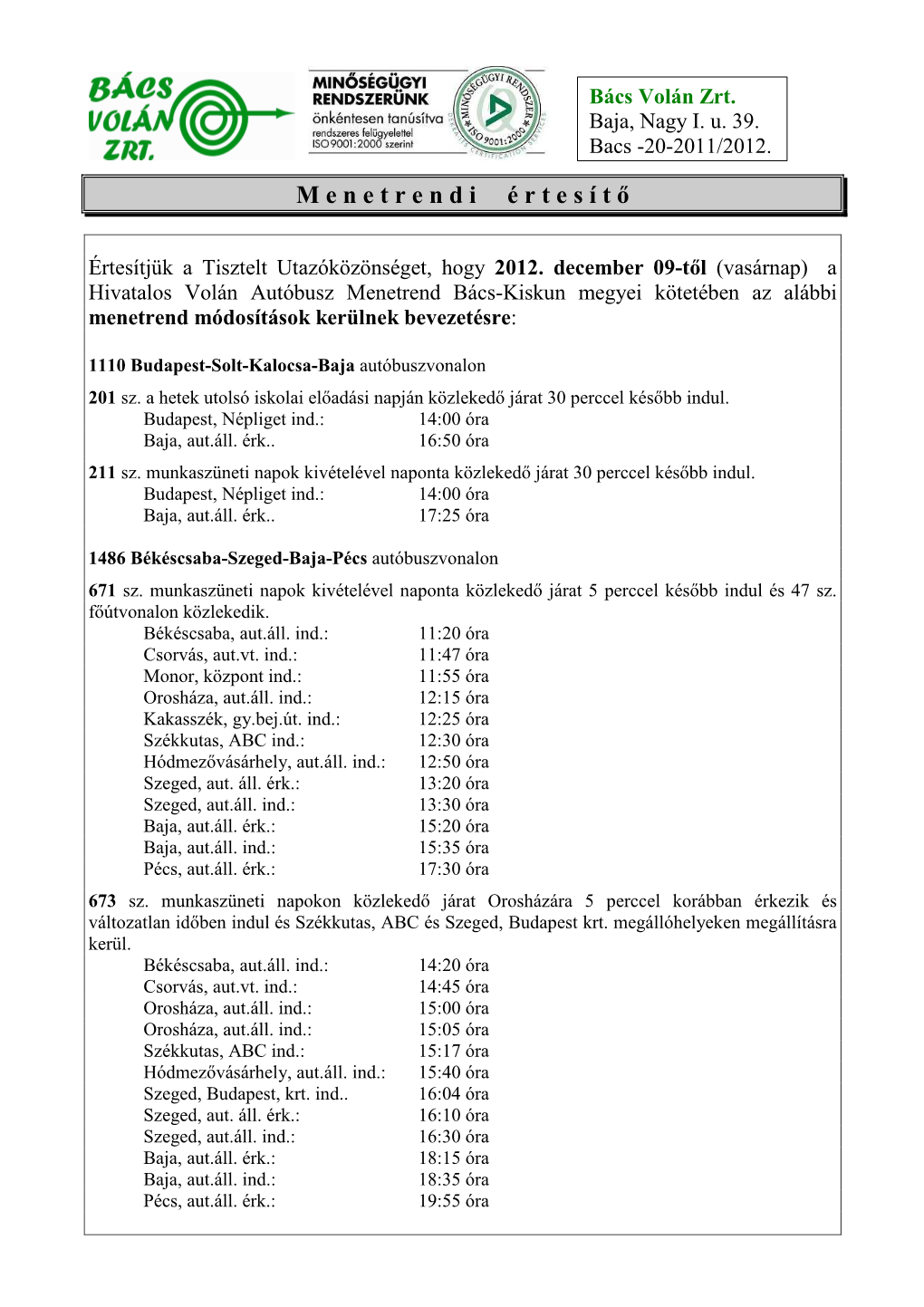 20. Bács Volán Menetrendi Értesítő 2012.12.09