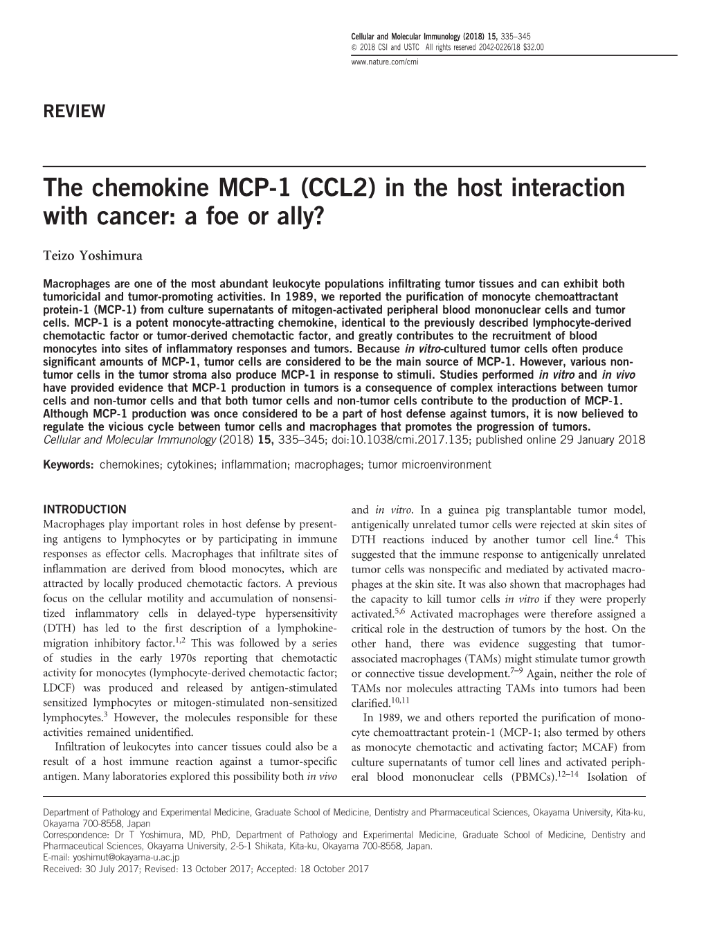 The Chemokine MCP-1 (CCL2) in the Host Interaction with Cancer: a Foe Or Ally?