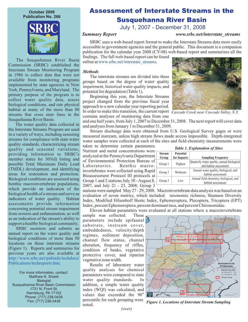 Assessment of Interstate Streams in the Susquehanna River Basin 2008