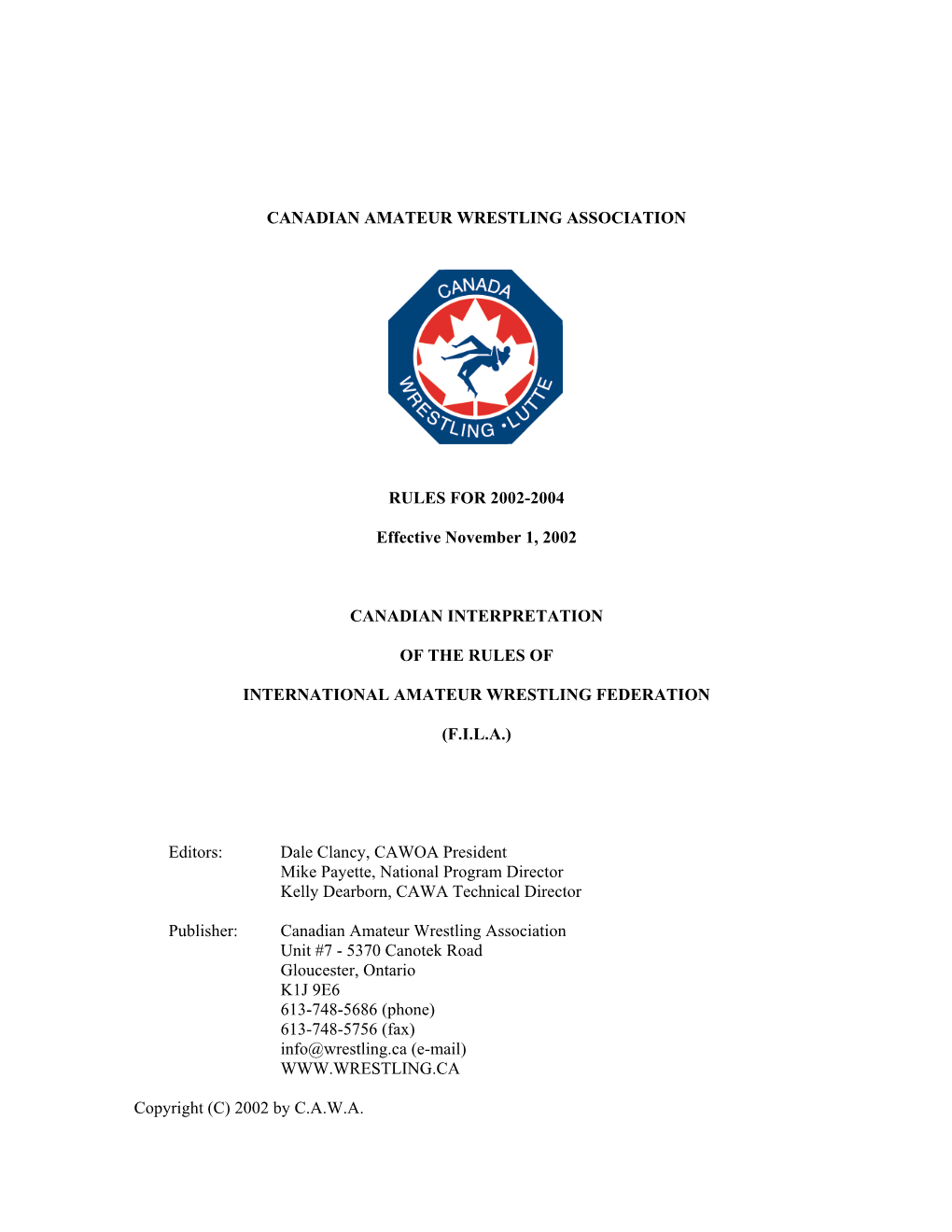 Canadian Amateur Wrestling Association Rules for 2002