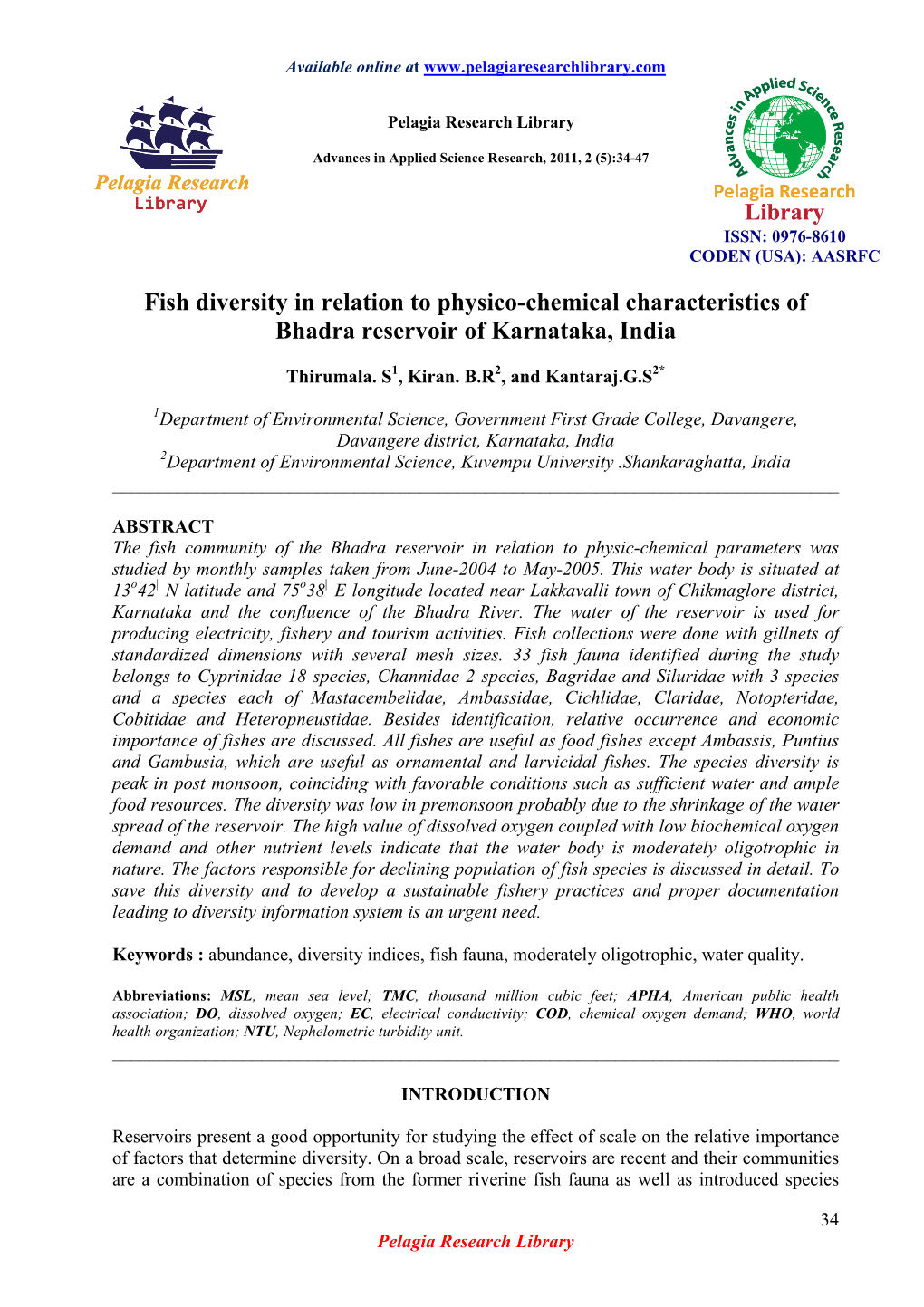 Fish Diversity in Relation to Physico-Chemical Characteristics of Bhadra Reservoir of Karnataka, India