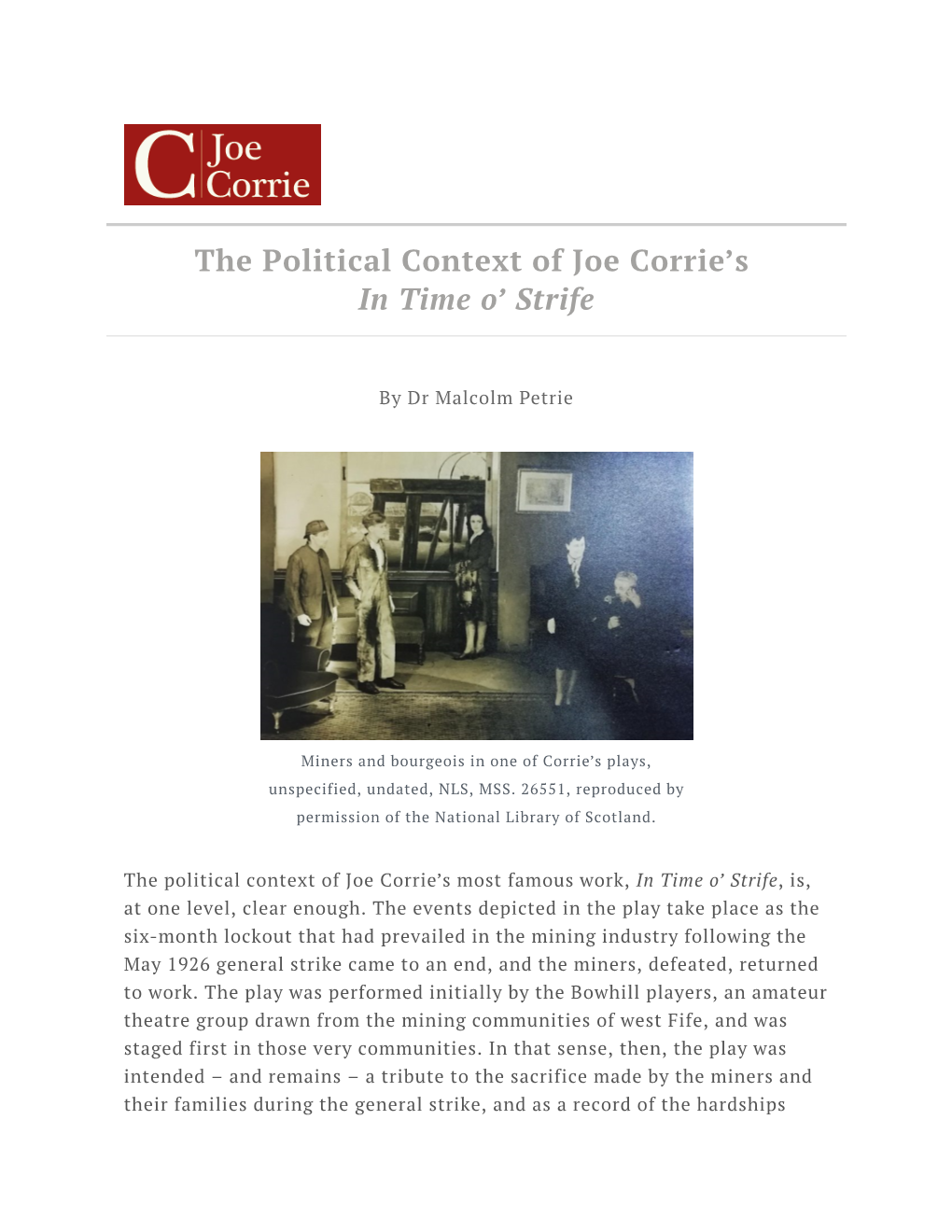 The Political Context of Joe Corrie's in Time O' Strife