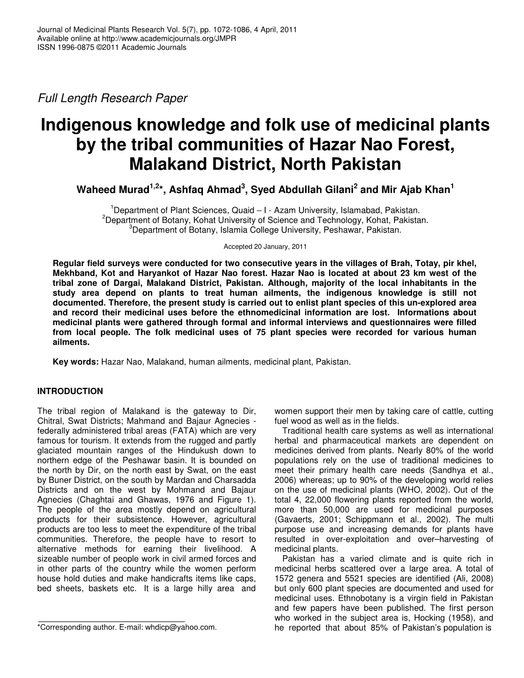 Indigenous Knowledge and Folk Use of Medicinal Plants by the Tribal Communities of Hazar Nao Forest, Malakand District, North Pakistan