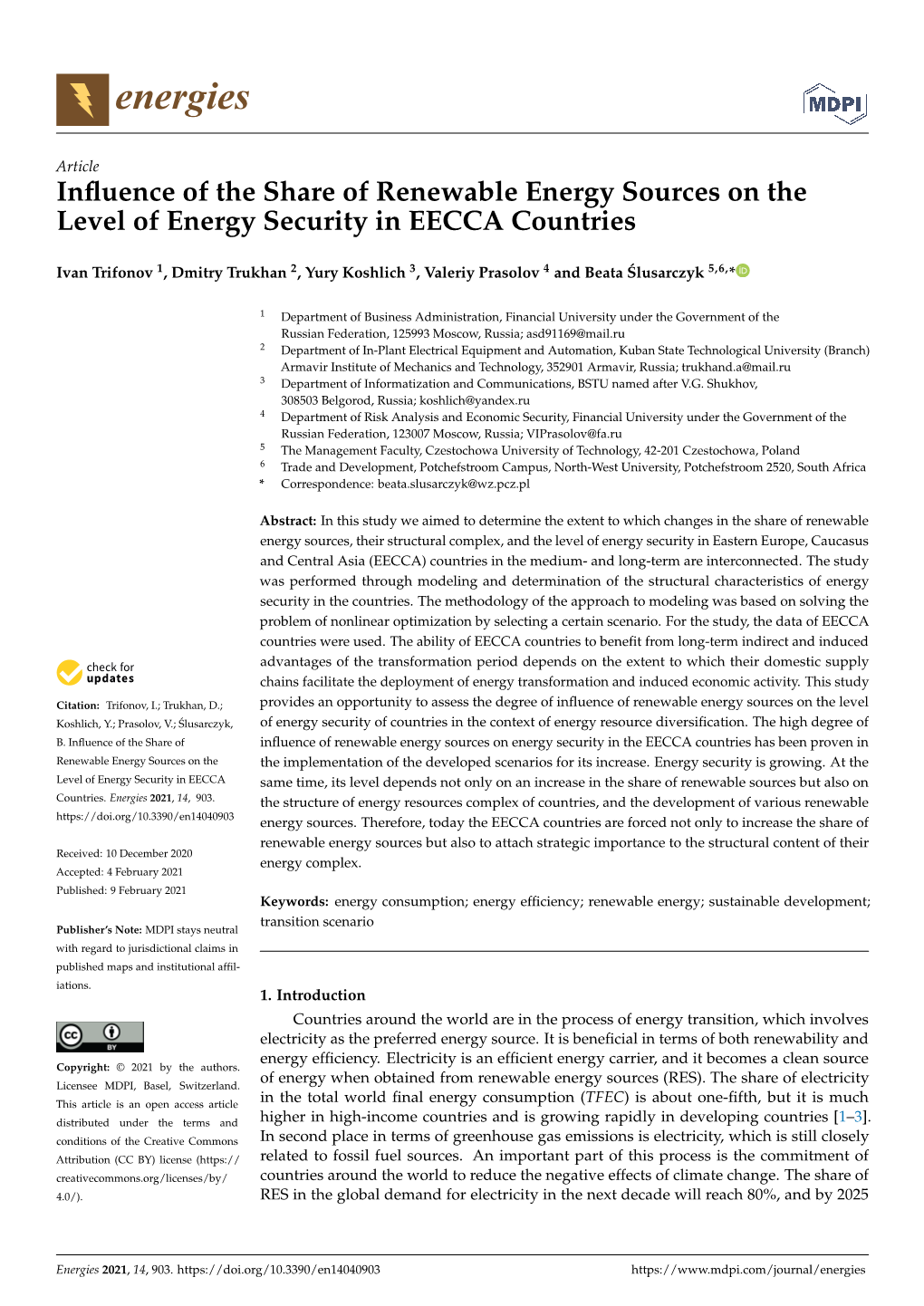 Influence of the Share of Renewable Energy Sources on the Level of Energy Security in EECCA Countries