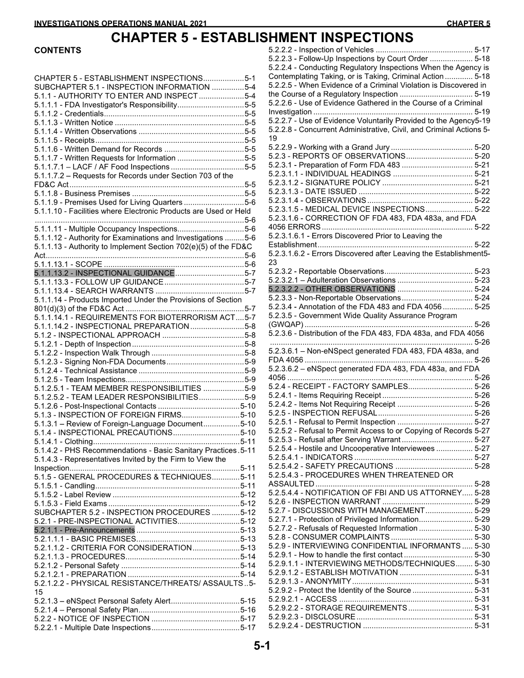 CHAPTER 5 CHAPTER 5 - ESTABLISHMENT INSPECTIONS CONTENTS 5.2.2.2 - Inspection of Vehicles