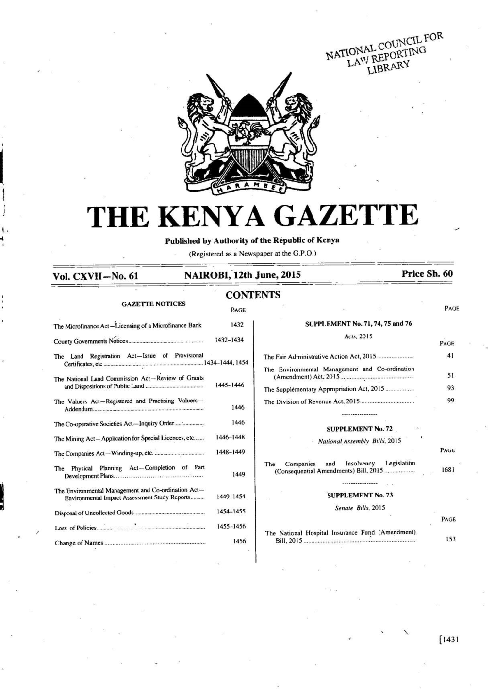 THE KENYA GAZETTE — Published by Authority of the Republic of Kenya (Registered As a Newspaperat the G.P.O.)