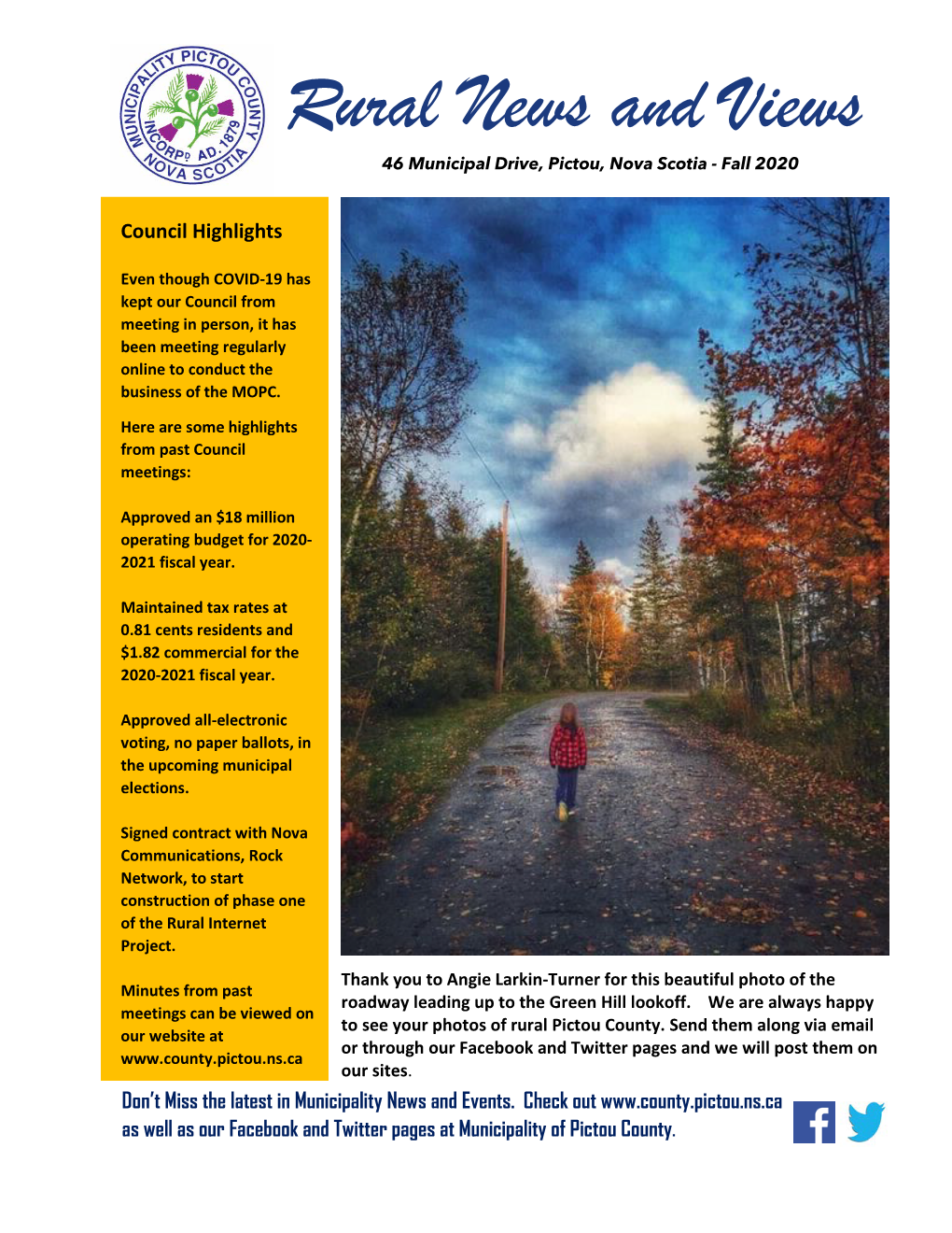Rural News and Views 46 Municipal Drive, Pictou, Nova Scotia - Fall 2020