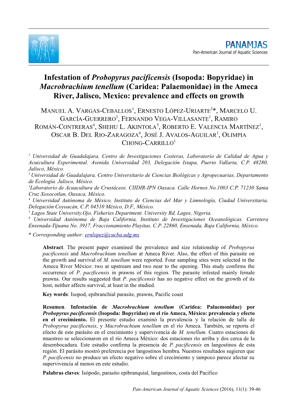 Isopoda: Bopyridae) in Macrobrachium Tenellum (Caridea: Palaemonidae) in the Ameca River, Jalisco, Mexico: Prevalence and Effects on Growth